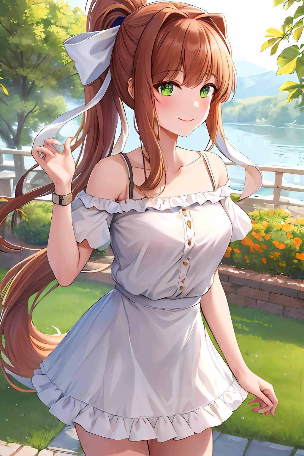 masterpiece, best quality, highres, chi1, 1girl, monika, green eyes, brown hair, very long hair, ponytail, hair ribbon, white ribbon, one side up, solo, luxury watch, bangs, bare shoulders, white shirt, floral print, short sleeves, off-shoulder shirt, frills, white skirt, cowboy shot, smile