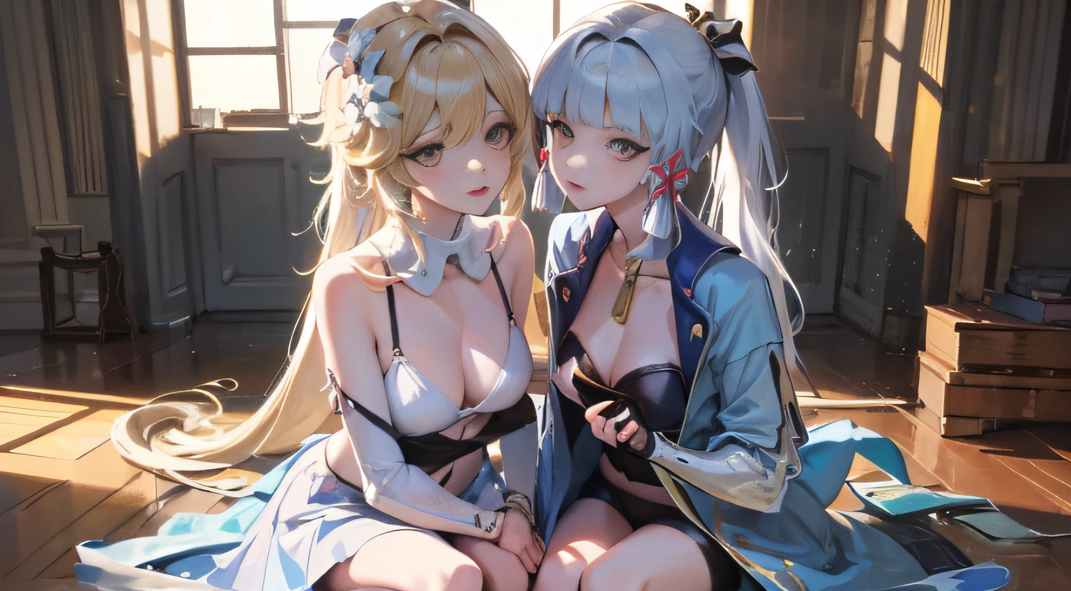 full entire body, (2 Girls 1.4), (1st person using Lumine Genshin Impact | Lora 1200 characters), (The 2nd person uses lora2 Kamisato Ayaka Genshin Impact | Lora Character 1506)Two women were sitting on the floor and one was holding a knife in hand.........................................................................., One woman carries another woman.........................................................................., Sit with your wrists together.........................................................................., Two beautiful girls in love, Two women.........................................................................., Lesbian Art, Homosexual girl groups, Handshake, vector art illustration, flat illustration, Flat shading illustration, Lie down with your wrists together.........................................................................., two girls, lesbian, Embrace Lesbians,(2:Girls together...........................................................................), (NSTDA.:1.2), (10, beste-Qualit, master-piece: 1.4), ultra-high resolution, (lifelike, photorealistic portrait: 1.48), 25 years old, Cute Girl, (See through the bikini beetle), Famous Japanese actors, beautiful clear eyes, G Cup Big Breasts, long ponytail, Head tilt., cowboy shot, from the side, looking at the audience, expressionless, Beautiful lake, Zeiss 150mm F/ 2.8 Hasselblad, Around the lake there are high mountains surrounded by striped mountains............................................................................., Whole body, foot, Ultra-Wide Angle, The backyard is a beautiful sea............................................................................................................................... ,