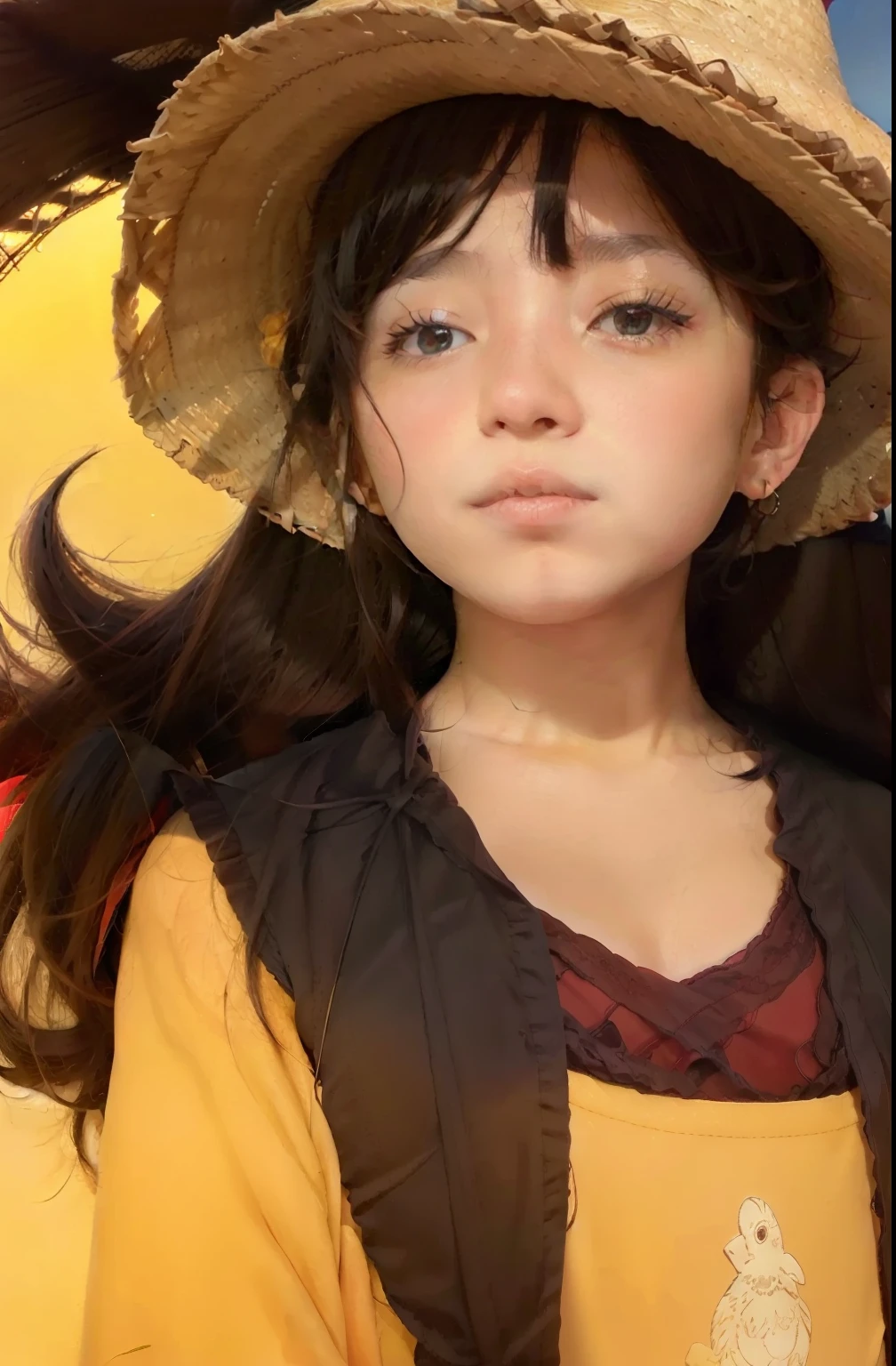 1boy, straw hat, red t-shirt, black hair, realistic, ultra detail, 700mm lens