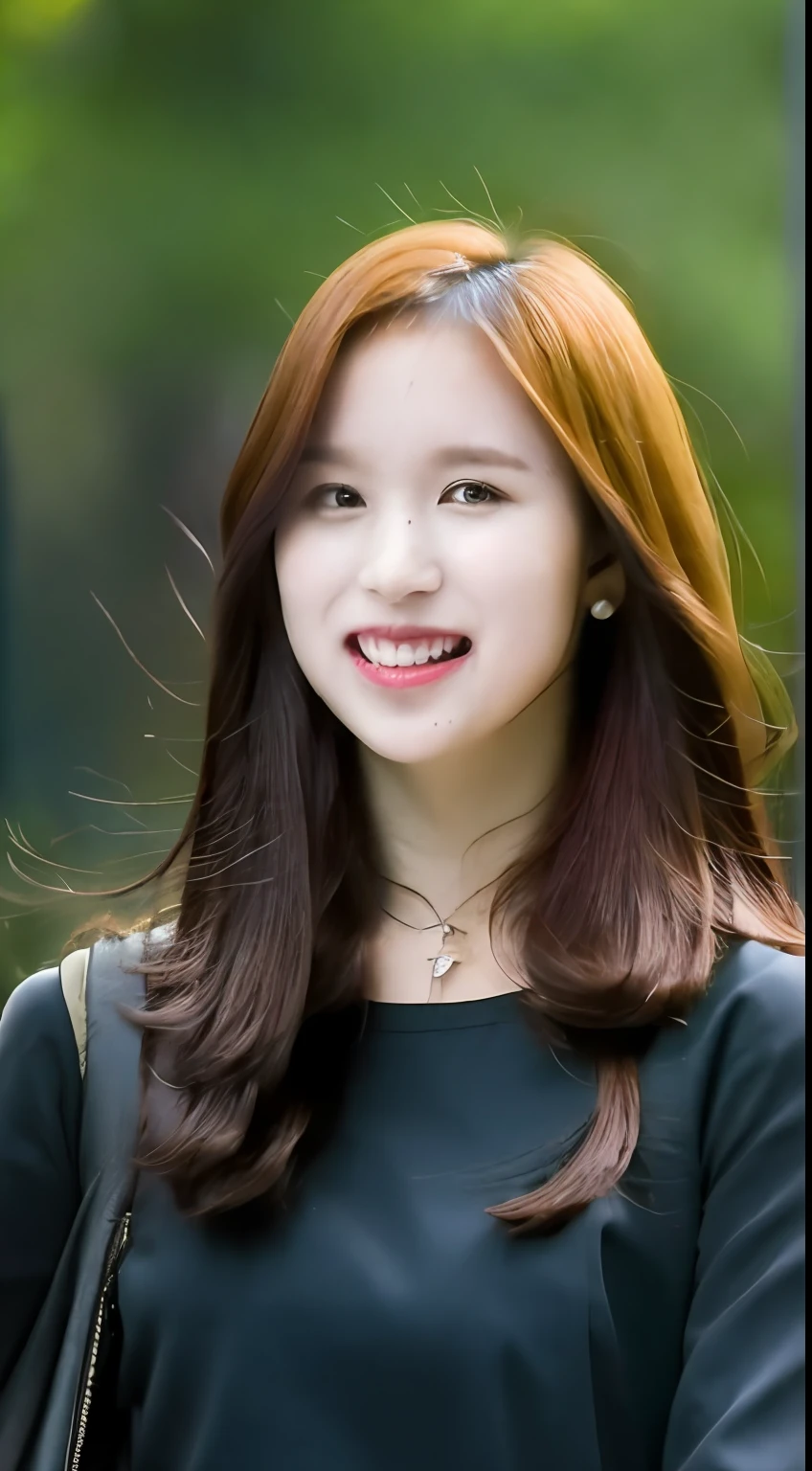 Mina, ((Best quality, 8K, Masterpiece: 1.3)), Upper body (1.3), Outstanding style, Natural makeup, Clothes for emphasis, Refreshing, Have lunch at a café in the sun,Walk through the trees of the city