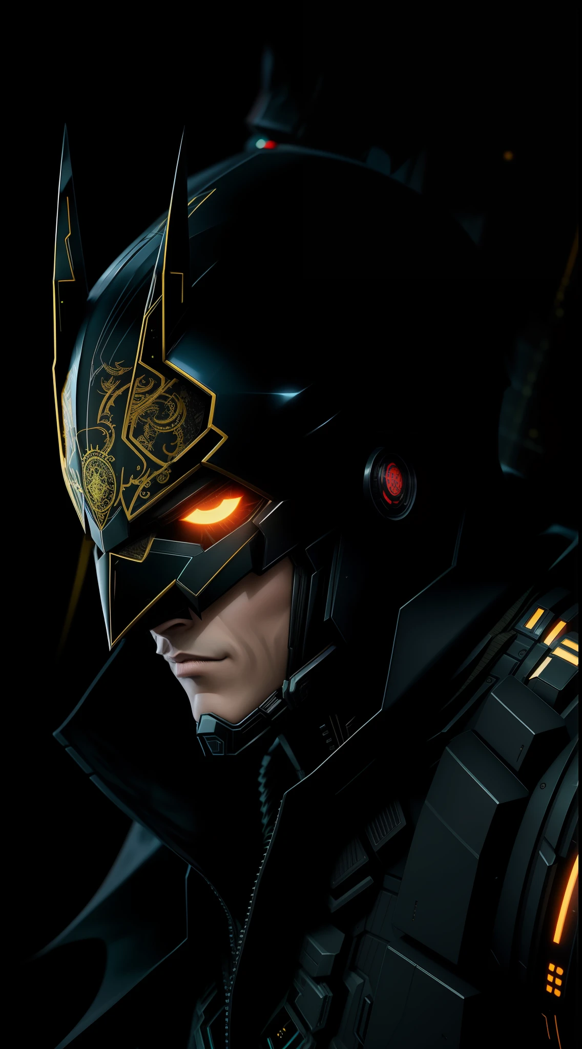 octane render of cyberpunk batman by Tsutomu nihei, chrome silk with intricate ornate weaved golden filiegree, dark mysterious background --v 4 --q 2