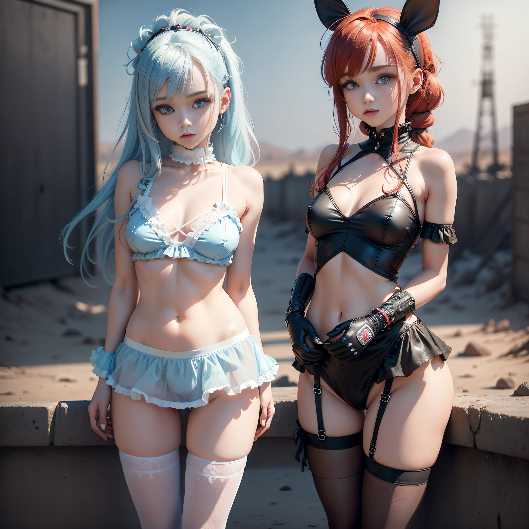 1 girl, solo, (nsfw), cute redhead 18-year-old girl in twin tails, ((perfect female body)) multiple (rainbow colored hair: 1.2), (beautiful detailed blue eyes: 1.6), (photo realistic eyes: 1.6), happy, Ukrainian, (petite body), ((small hips)), pale skin, wearing a ((sheer)) ((see through)) pastel blue (playboy bunny) outfit, frilly edges, frilly, shiny oily pantyhose, post apocalyptic background, bleak barren desert, photo realistic.