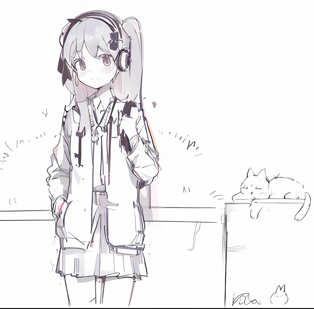 Sketch of a woman in a dress and tie standing in front of a table, author：Middle Bokuhn, with headphone, anime girl with cat ears, author：Love light, anime catgirl, lofi-girl, cute anime catgirl, Girl with cat ears, author：Uesaka Seka, full bodyesbian!, [ conceptual art ]!!, Line sketch!!