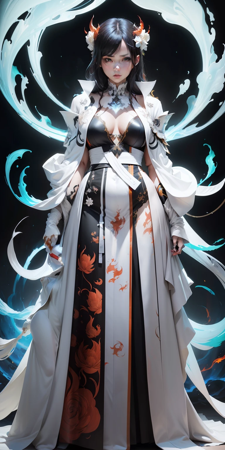(((full body shot))) full body potrait of a photorealistic beautiful woman (wearing white kimono and hollow mask:0.5), (aboard a hell flame:1.50), intense coloration fantasy, light hair, a stunning realistic photograph 20 years , black colored hair, blue color eyes, full body, cover, hyperdetailed painting, luminism, octane render, Bar lighting, complex, 8k resolution concept art portrait by Martina Fačková and Prywinko Art, Artgerm, WLOP, Alphonse Mucha, Tony Taka, fractal isometrics details, photorealistic face, hypereallistic cover photo awesome full color, hand drawn, bright, gritty, realistic color scheme, davinci, .12k, intricate. hit definition , Beethoven, cinematic,Rough sketch, mix of bold dark lines and loose lines, bold lines, on paper , real life human, cosmic, cosmic and fire colors Artwork styles, masterpiece, art by Carne Griffiths and Wadim Kashin