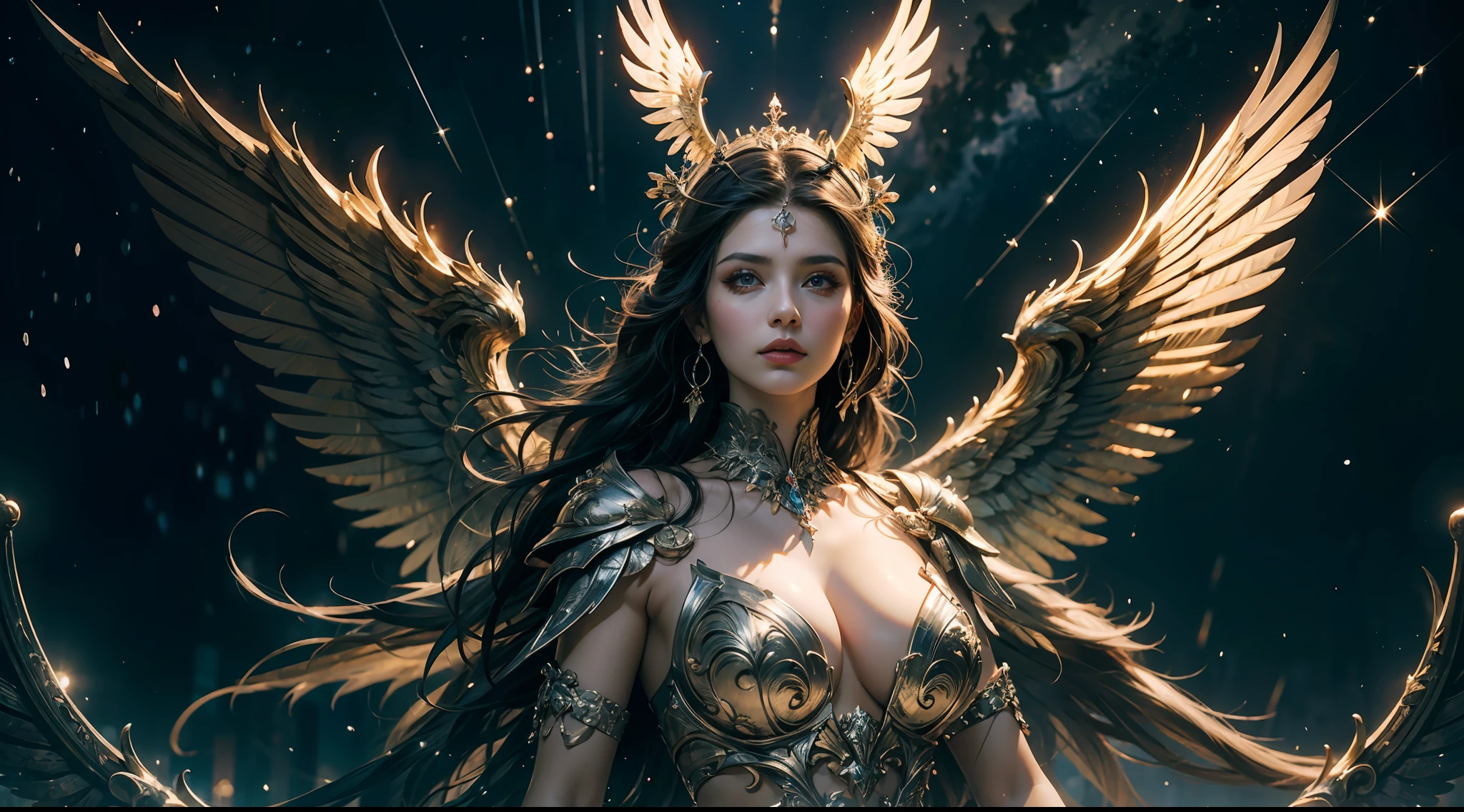 Winged Greek goddess of wrath and punishment, Nimimis, silber hair, In long Greek Toga, Cool beauty, Large breasts，Looks stern and ruthless, Fly with wings in the starry sky, greek myth, solemn atmosphere, Description of the Ultrra precise pointer, Photorealistic, Super detail, Masterpiece, Best quality, A high resolution, 8K，Armour，Huge cross
