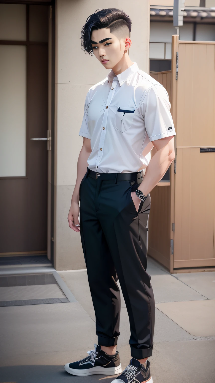 hephaestus (Japan schoolboy)、student clothes、trouser,Undercut、Wearing a shirt ,Full body,photographrealistic、Side view,sideshot,Side