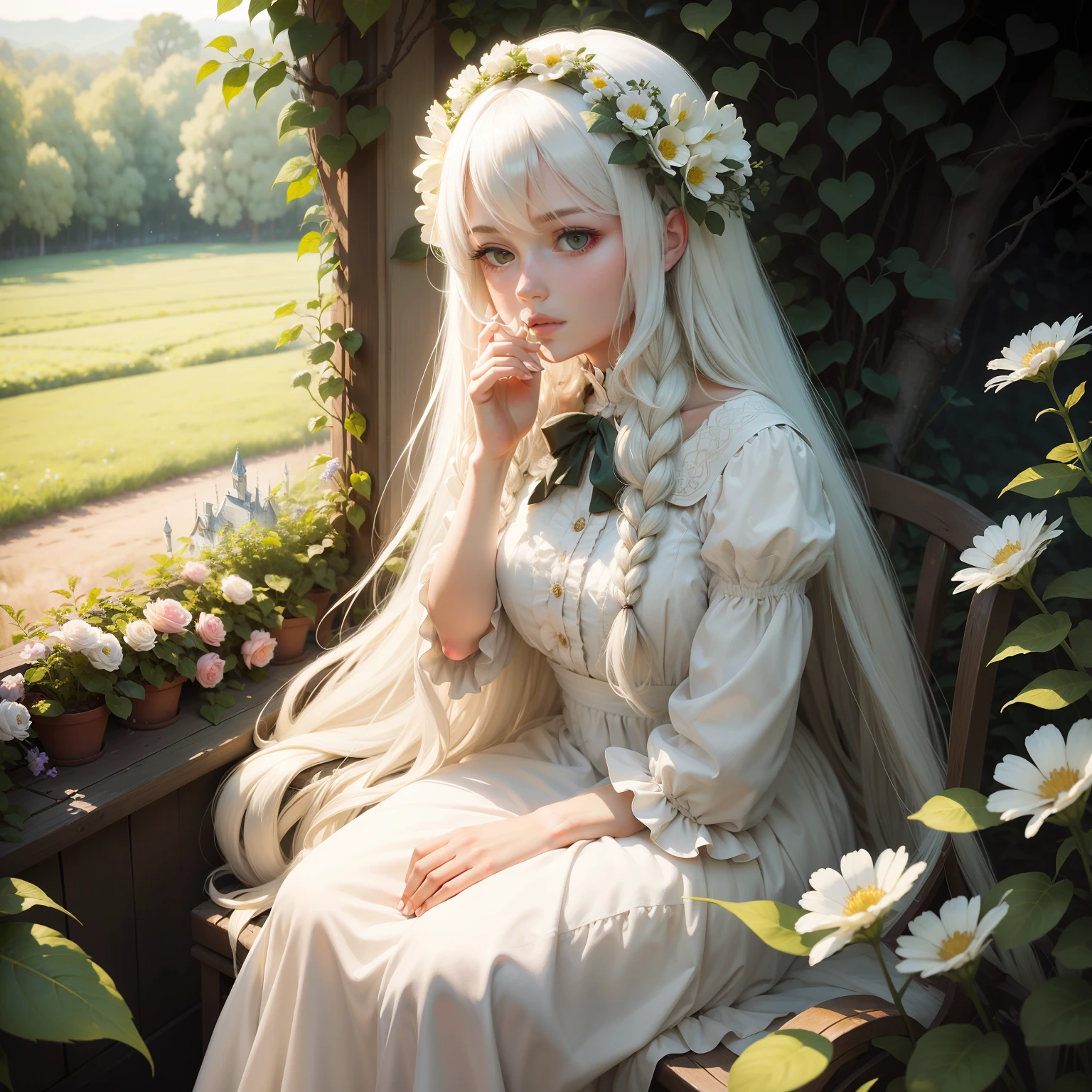 (masterpiece, best quality),1girl with long white hair sitting in a field of green plants and flowers, her hand under her chin, warm lighting, white dress, blurry foreground