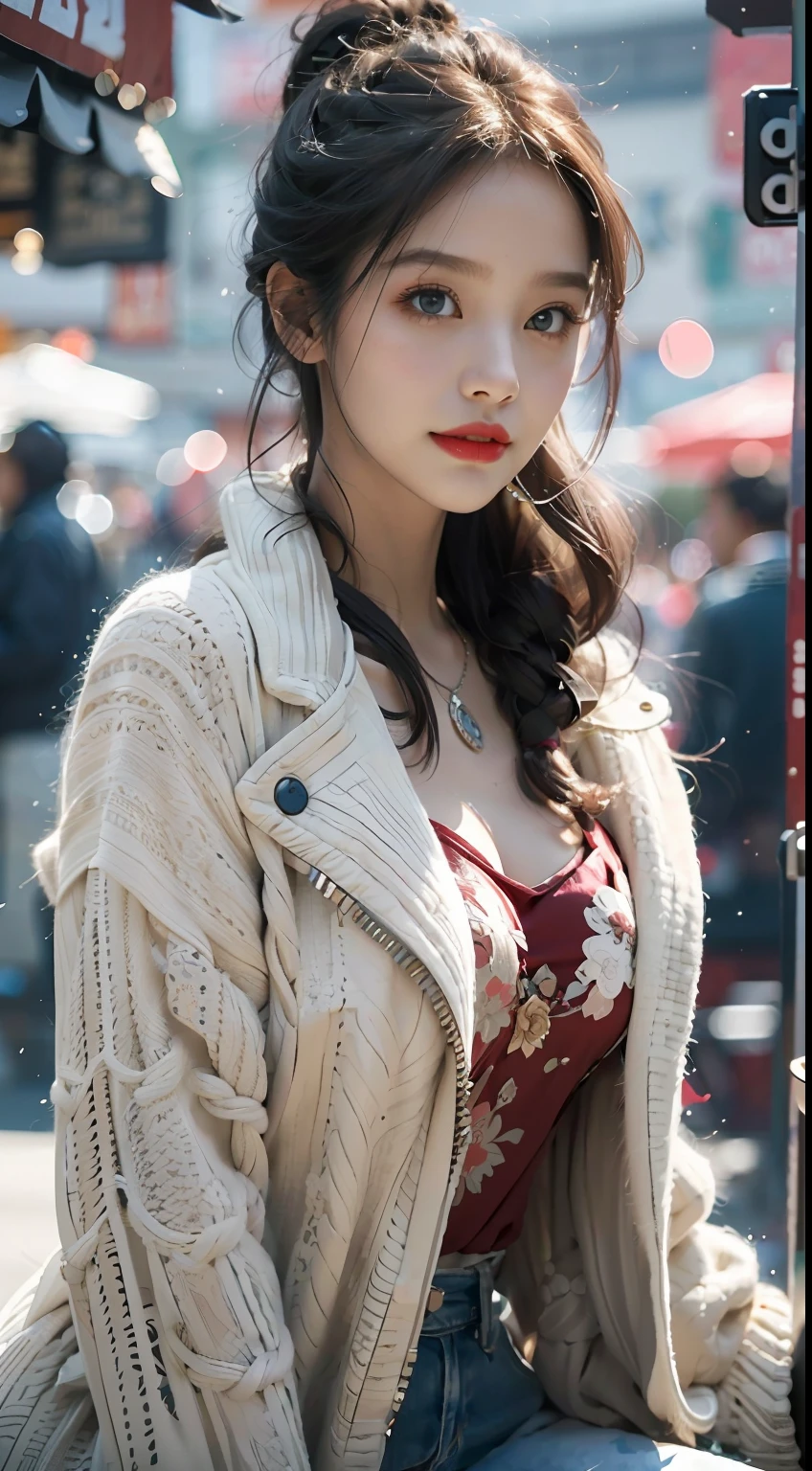 (best qualtiy,tmasterpiece,超高分辨率),(realisticlying:1.4),1girll,From head to knees,adult face,Slim,ssmile,(shiny skins),(contours,frontage,eventide),whaite hair,long whitr hair,黑The eye,(big cleavage breasts),Top fashion,((White plush coat)),(nevando:1.5,pedestrian street,The city in winter),(Clear eyes,(Clear nose,(Clear lips)),(Ultra-realistic textile textures),