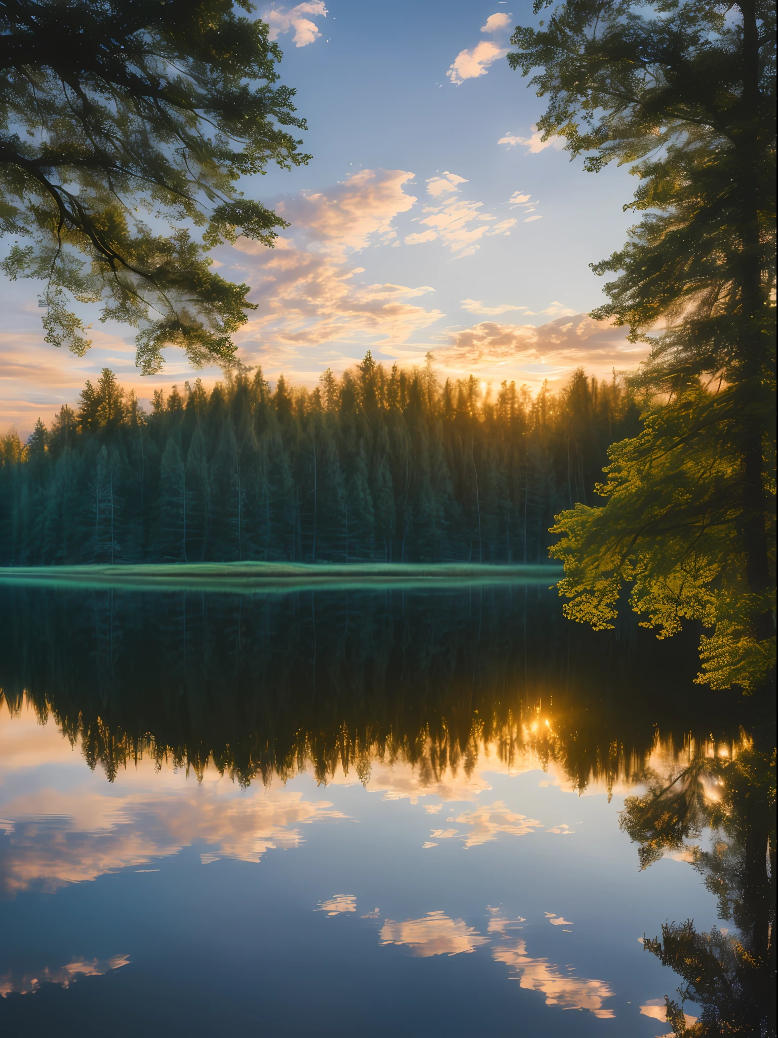 wallpaper, summer, lake, dawn, forest, detailed forest, clouds, masterpiece, cinematic, soft light, depth of field, ray tracing, reflection in water, realism, ulra detailed,