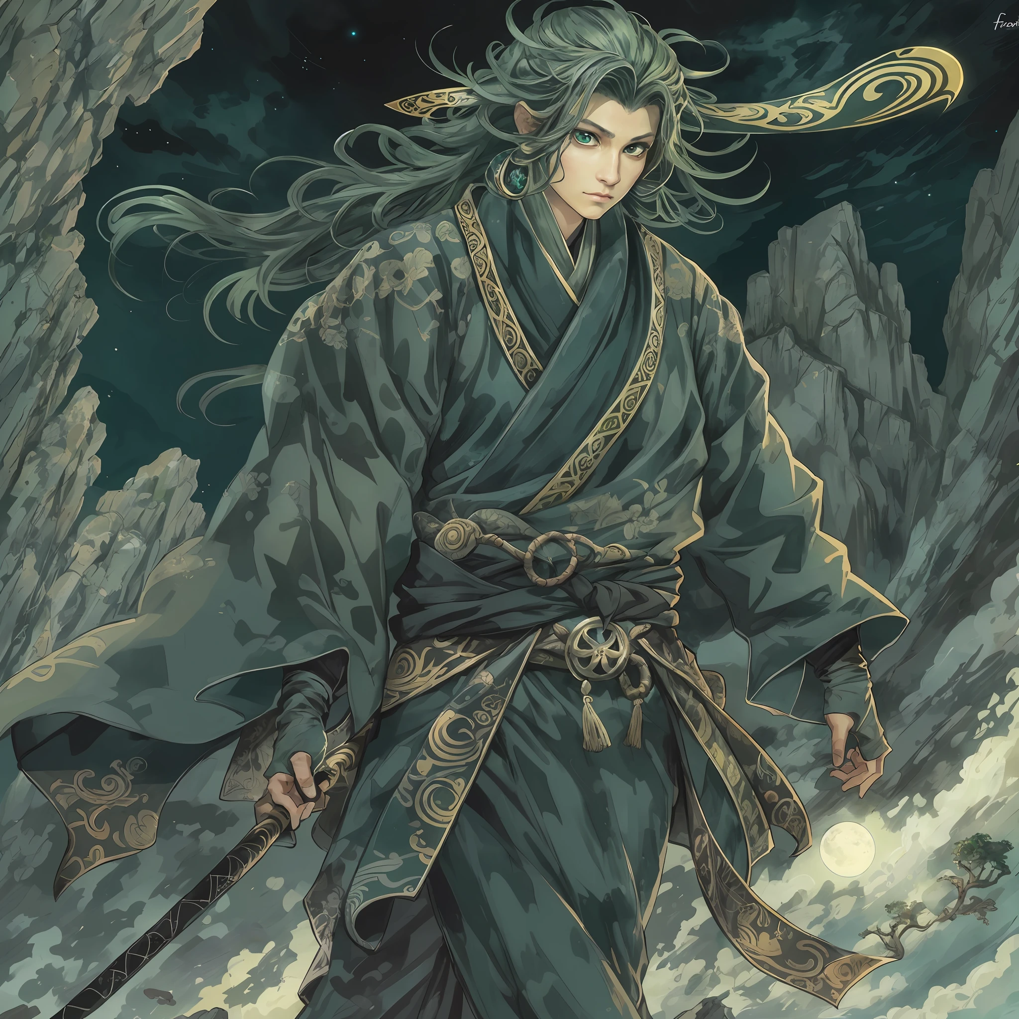 mystic ninja，Detailed face，Detailed eyes，Clear eyes，Gui Zen，Exotic beasts of mountains and seas，Dark green and black details, Loose and thick clothing covers the body，standing on cliff，Bask in the luxury of Yoshitaka Amano in the moonlight，fanciful，sci-fy，the complex background（full bodyesbian），((dynamicposes))，Colorful wallpapers，Highly detailed，Masterpiece，best qualtiy，art  stations