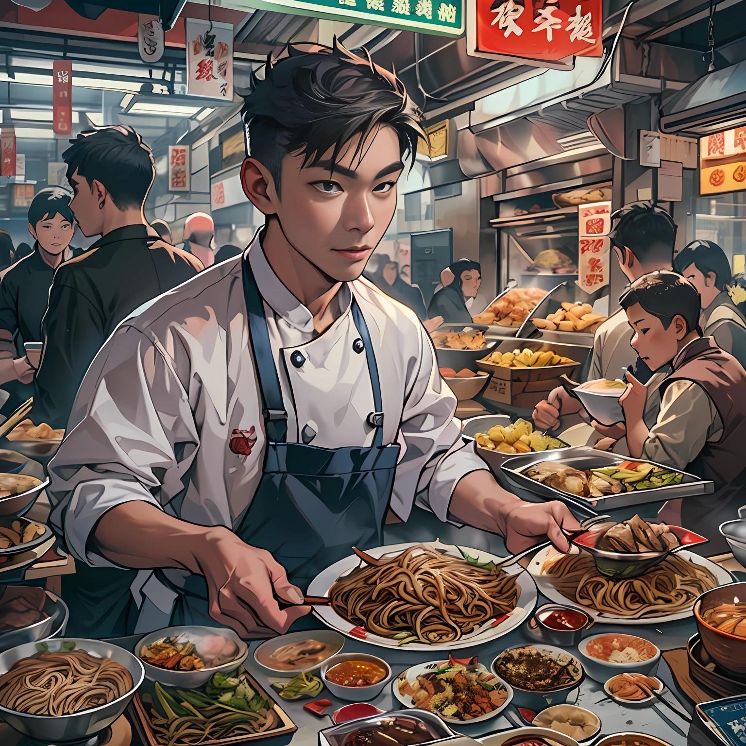 A young and promising male chef holds a plate full of tempting beef noodles,The beef noodles exude a tempting aroma。It is surrounded by a lively snack street,People flock to buy food ,in the style of the stars art group xing xing, 32K, Best quality, Masterpiece, Super detail, High details,