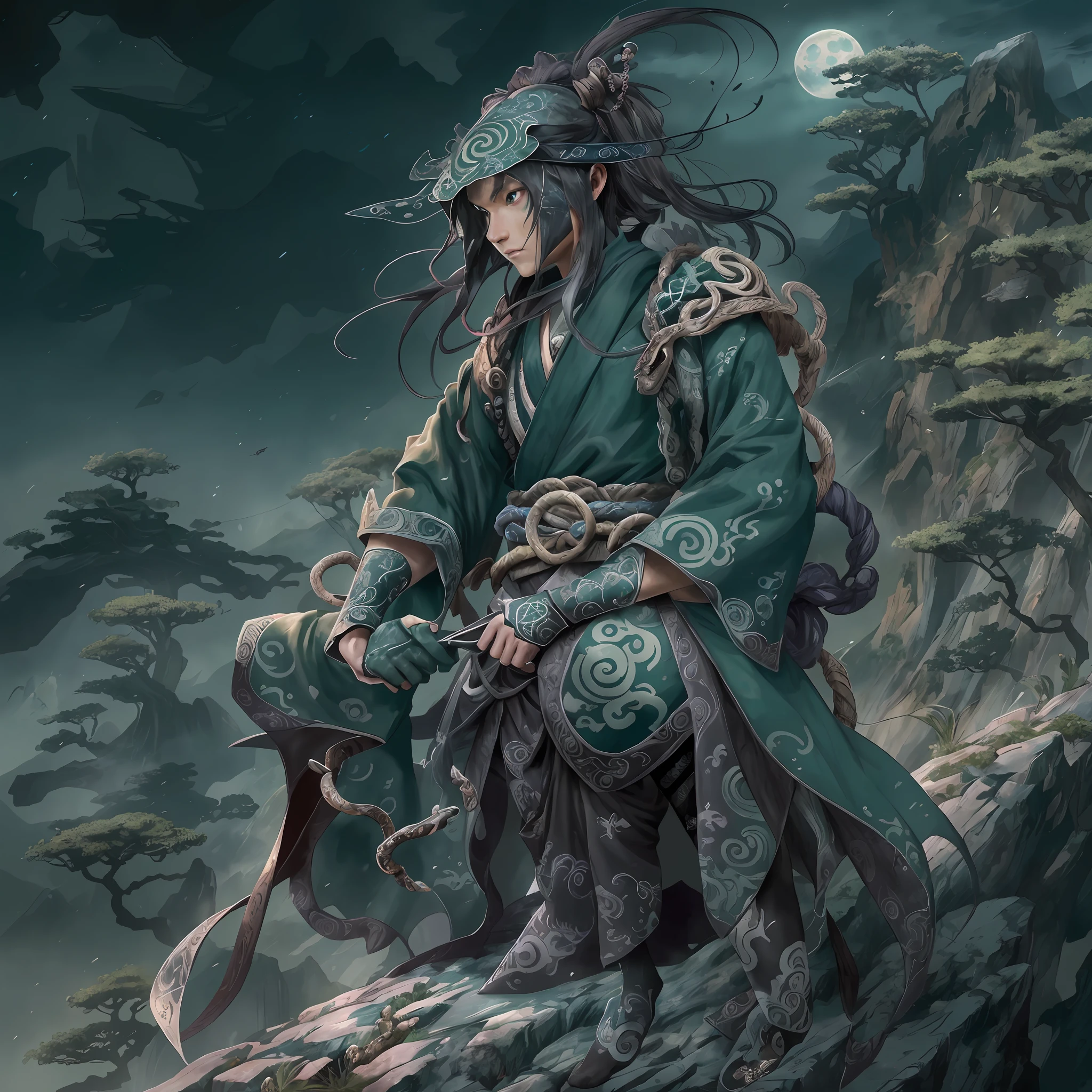 mystic ninja，Detailed face，Detailed eyes，Clear eyes，Gui Zen，Exotic beasts of mountains and seas，Dark green and black details, Loose and thick clothing covers the body，standing on cliff，Bask in the luxury of Yoshitaka Amano in the moonlight，fanciful，sci-fy，the complex background（full bodyesbian），((dynamicposes))，Colorful wallpapers，Highly detailed，Masterpiece，best qualtiy，art  stations