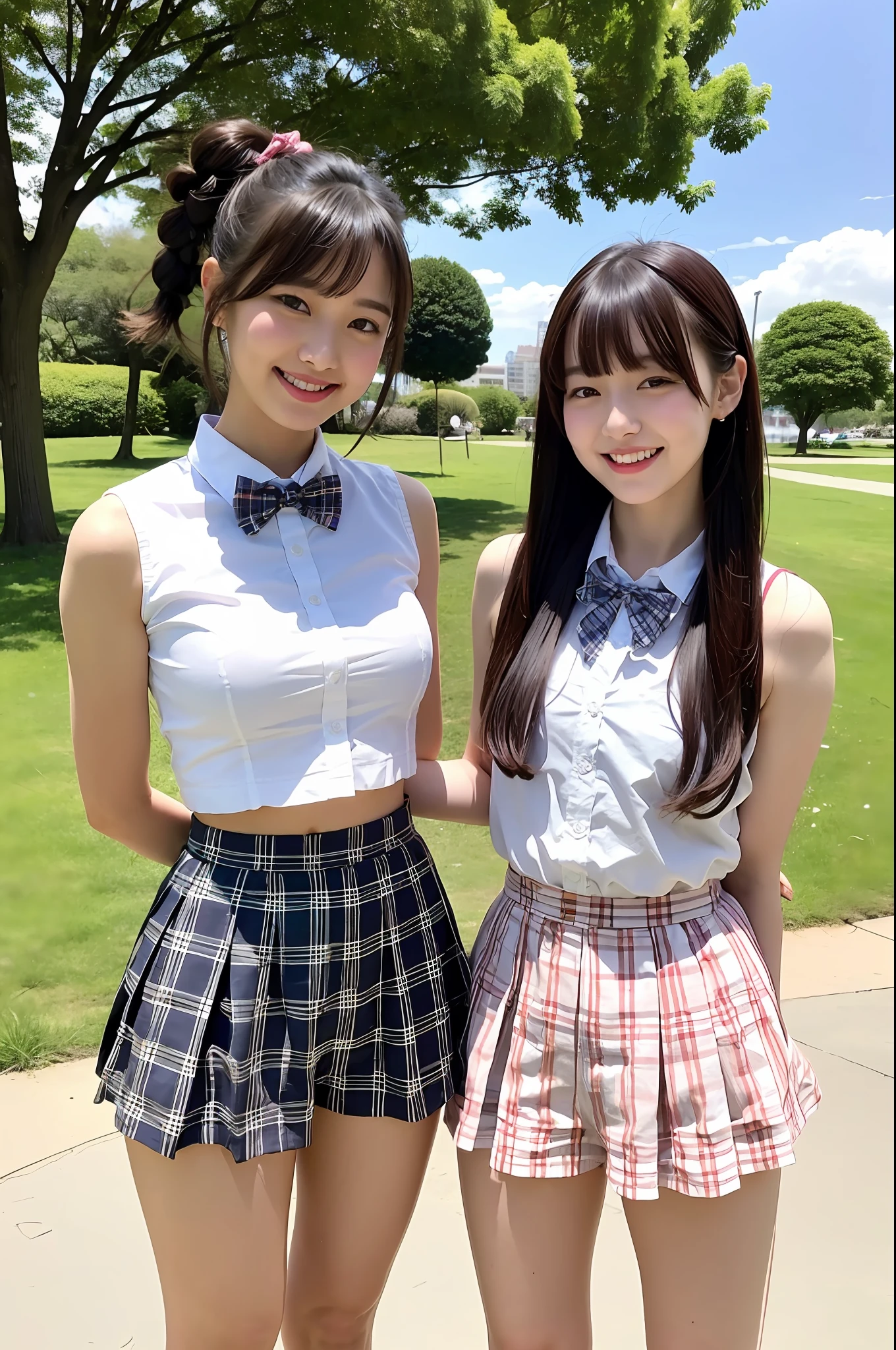 2 girls standing,sleeveless white shirt,plaid bow tie,panties with plaid frill,18year old,bangs,smiles,thighs,knees,crotch,short cut hair,poneyTail,in park