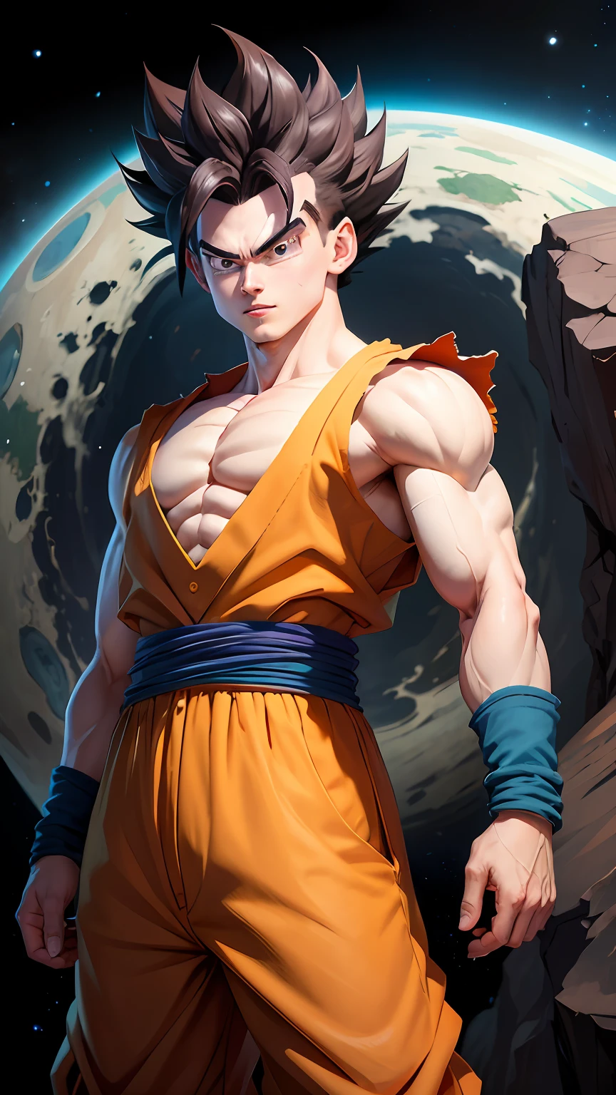tmasterpiece， Best quality at best， ultra - detailed， Adult Dragon Ball Goku 1boy， 独奏， Super Shayakin 5， full bodyesbian， evilsmile， whaite hair， Sparrowy hair， red eyes， impasto， full bodyesbian， looking at viewert， malefocus， planet earth\（planetes\）， planetes， the space， Cracked soil and rocks rise， The rubble is rising，