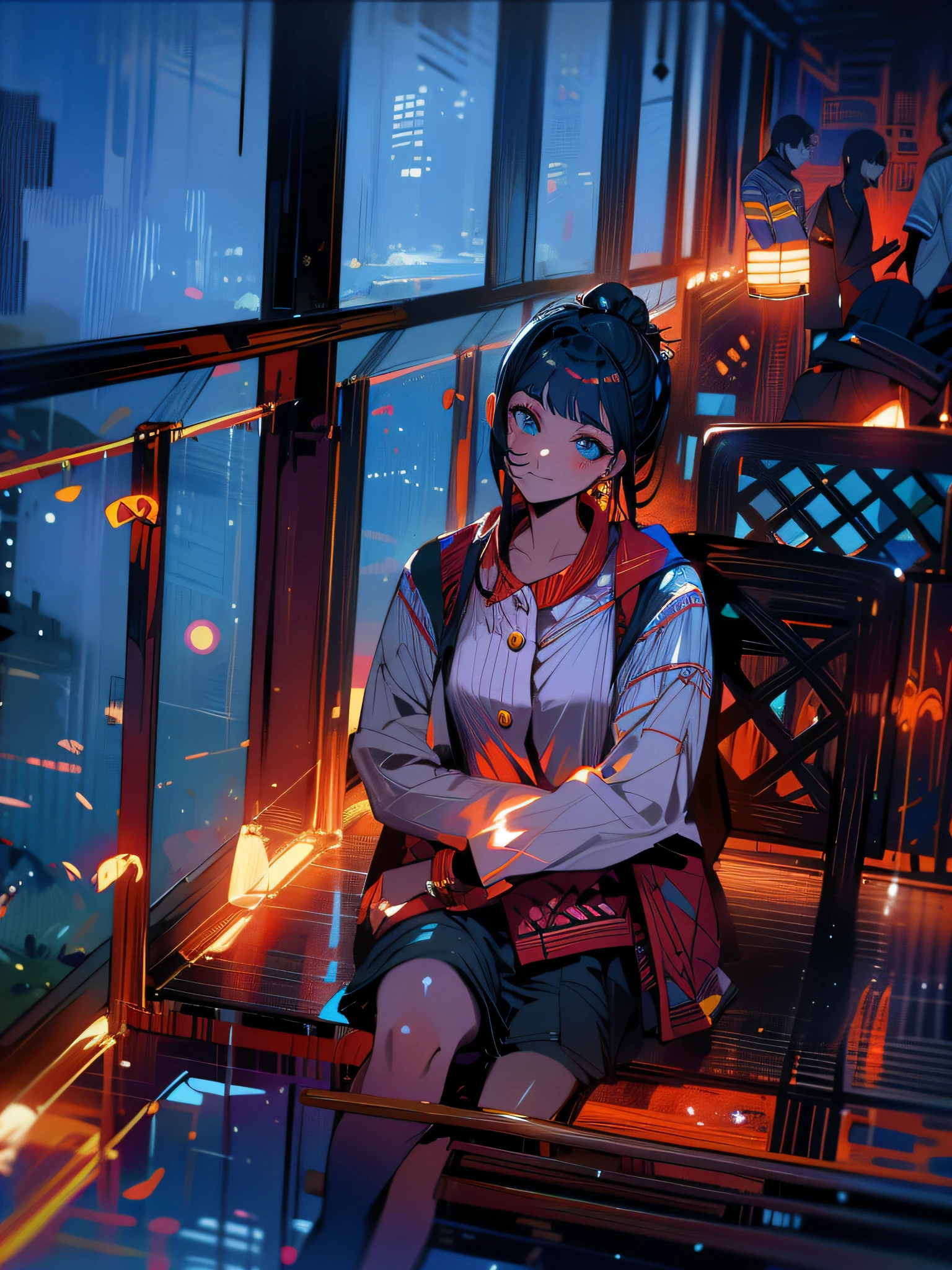 There was a lovely girl sitting on a bench on the balcony, Fine picture