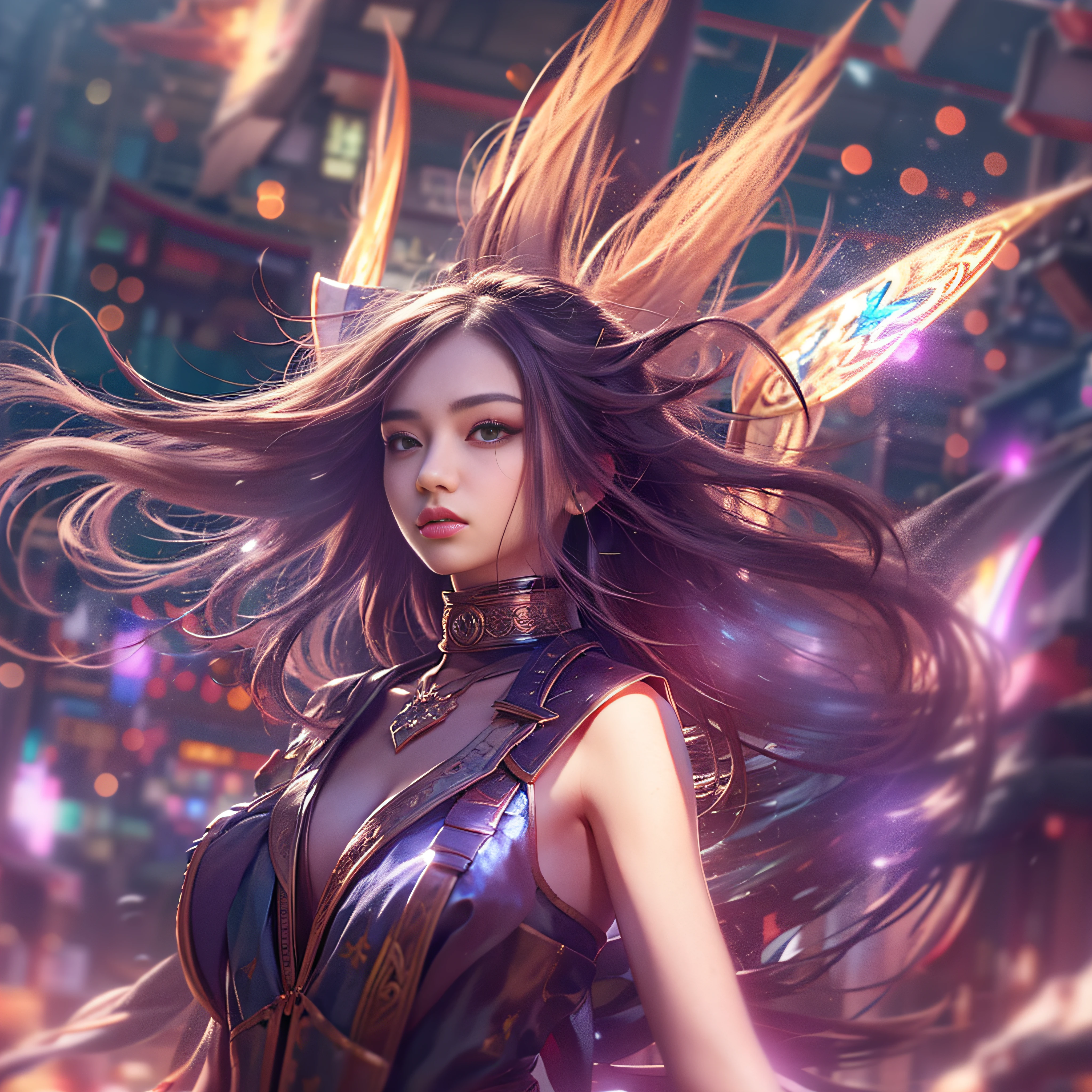 ighly detailed,tmasterpiece,Hyper High Detail,Beautiful and cool girls,dynamic angle,World Mastery Theater,Long messy hair,best qualtiy,Highly detailed CG Unity 8K wallpaper,inky,astounding,电影灯光,Lens Flare Glow,ighly detailed,tmasterpiece,Hyper High Detail,8K、realisitic、Hair that flutters in the wind、Clothes fluttering in the wind、Costumes fluttering in the wind、Full body composition