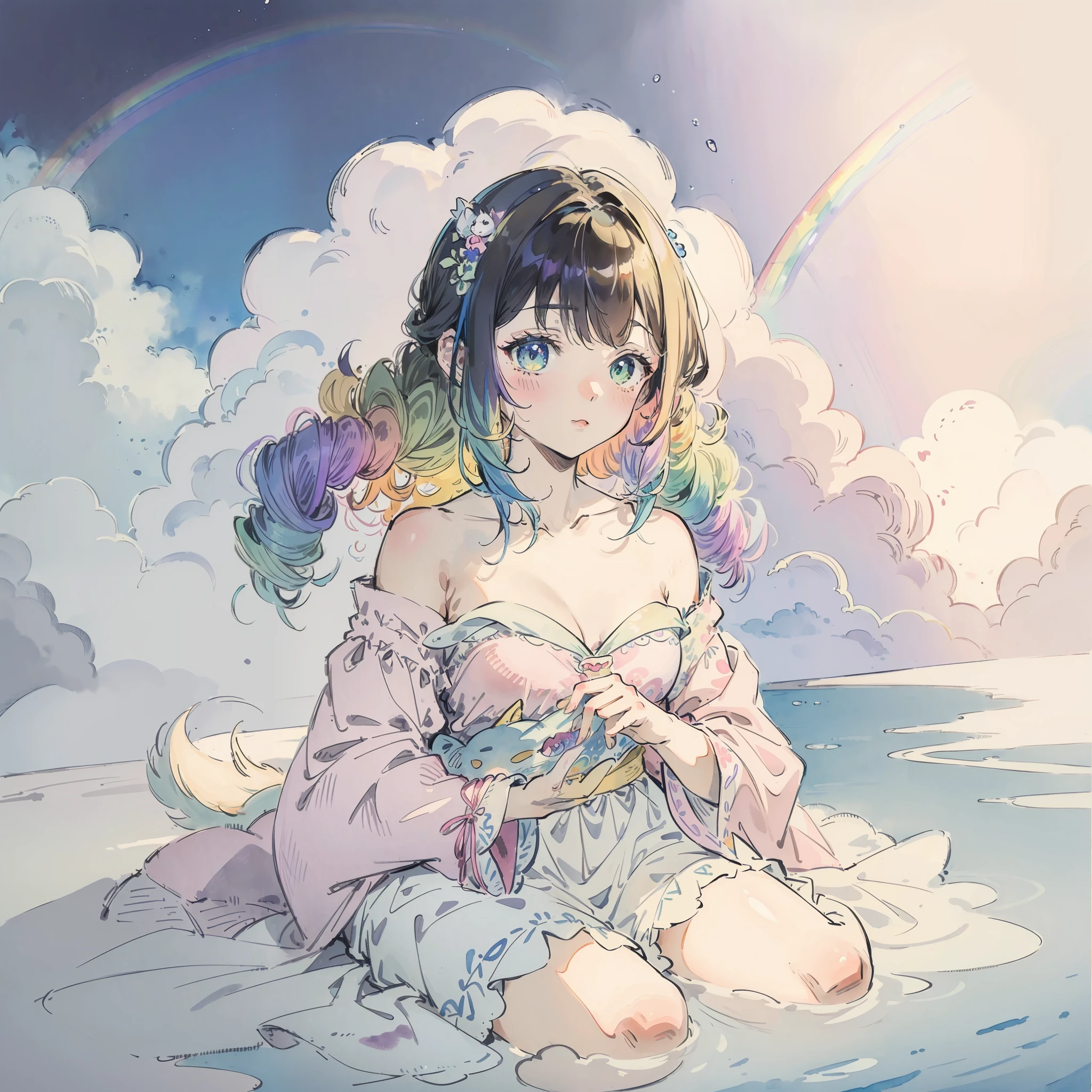 Yumekawa 、Cute as a dream、a pale、Moya、(masterpiece、top-quality、top-quality、watercolor paiting(Curly)、Take a cute cat、Official art、Beautifully Aesthetic:1.2)、(a beauty girl:1.3)、patterns、(rainbow-colored hair、colourful hair:1.2)、Soap bubbles、Rainbow behind、clouds、colourfull、Soap bubbles、Hair spreads throughout、kawaii、pastels、Large ribbon、Lovely room、Rainbow Cat Plush Toy