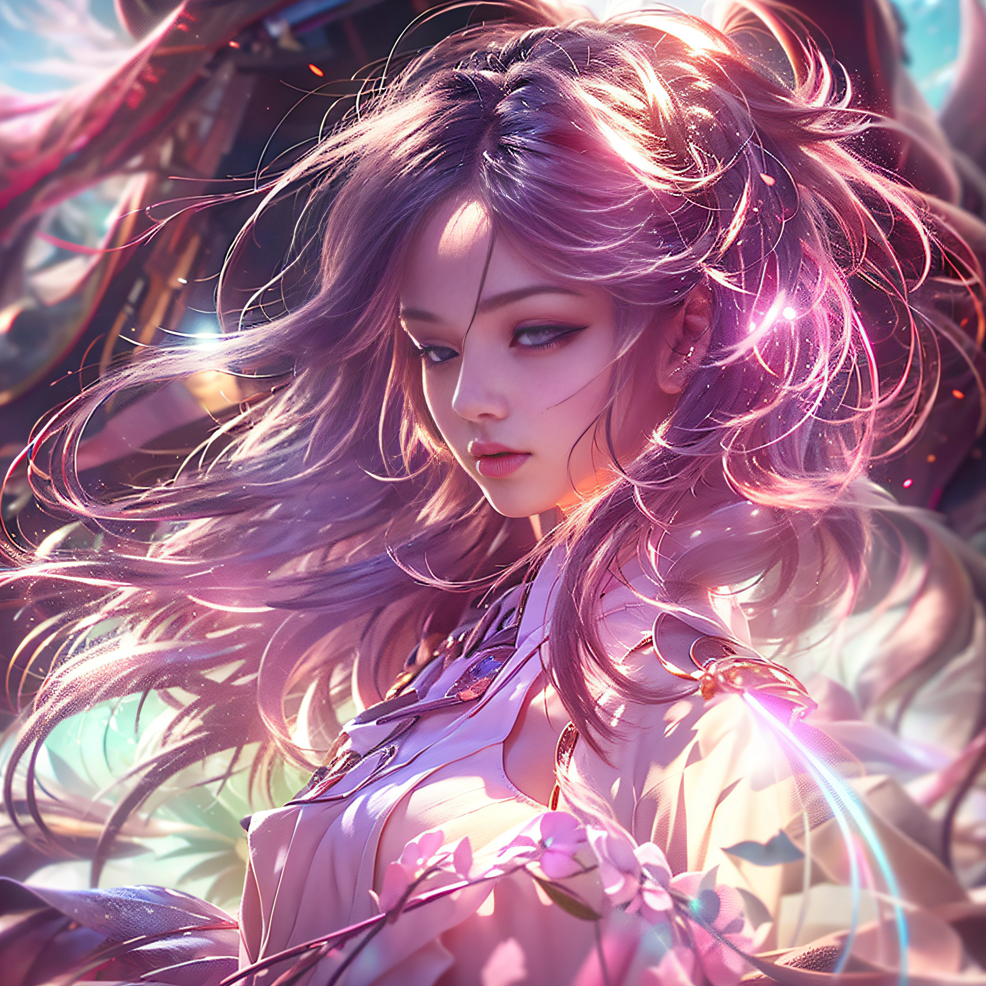 ighly detailed，tmasterpiece，Hyper High Detail，Beautiful and cool girls，dynamic angle，World Mastery Theater，Long messy hair，best qualtiy，Highly detailed CG Unity 8K wallpaper，inky，astounding，电影灯光，Lens Flare Glow，ighly detailed，tmasterpiece，Hyper High Detail，8K、realisitic、Hair that flutters in the wind、Clothes fluttering in the wind、Costumes fluttering in the wind、Full body composition