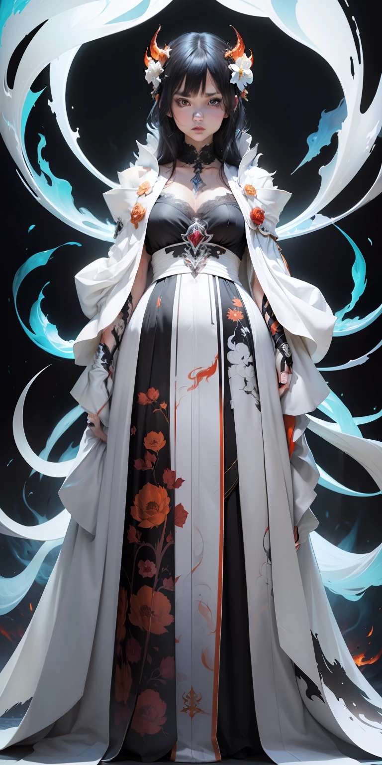 (((full body shot))) full body potrait of a photorealistic beautiful woman (wearing white kimono and hollow mask:0.5), (aboard a hell flame:1.50), intense coloration fantasy, light hair, a stunning realistic photograph 20 years , black colored hair, blue color eyes, full body, cover, hyperdetailed painting, luminism, octane render, Bar lighting, complex, 8k resolution concept art portrait by Martina Fačková and Prywinko Art, Artgerm, WLOP, Alphonse Mucha, Tony Taka, fractal isometrics details, photorealistic face, hypereallistic cover photo awesome full color, hand drawn, bright, gritty, realistic color scheme, davinci, .12k, intricate. hit definition , Beethoven, cinematic,Rough sketch, mix of bold dark lines and loose lines, bold lines, on paper , real life human, cosmic, cosmic and fire colors Artwork styles, masterpiece, art by Carne Griffiths and Wadim Kashin