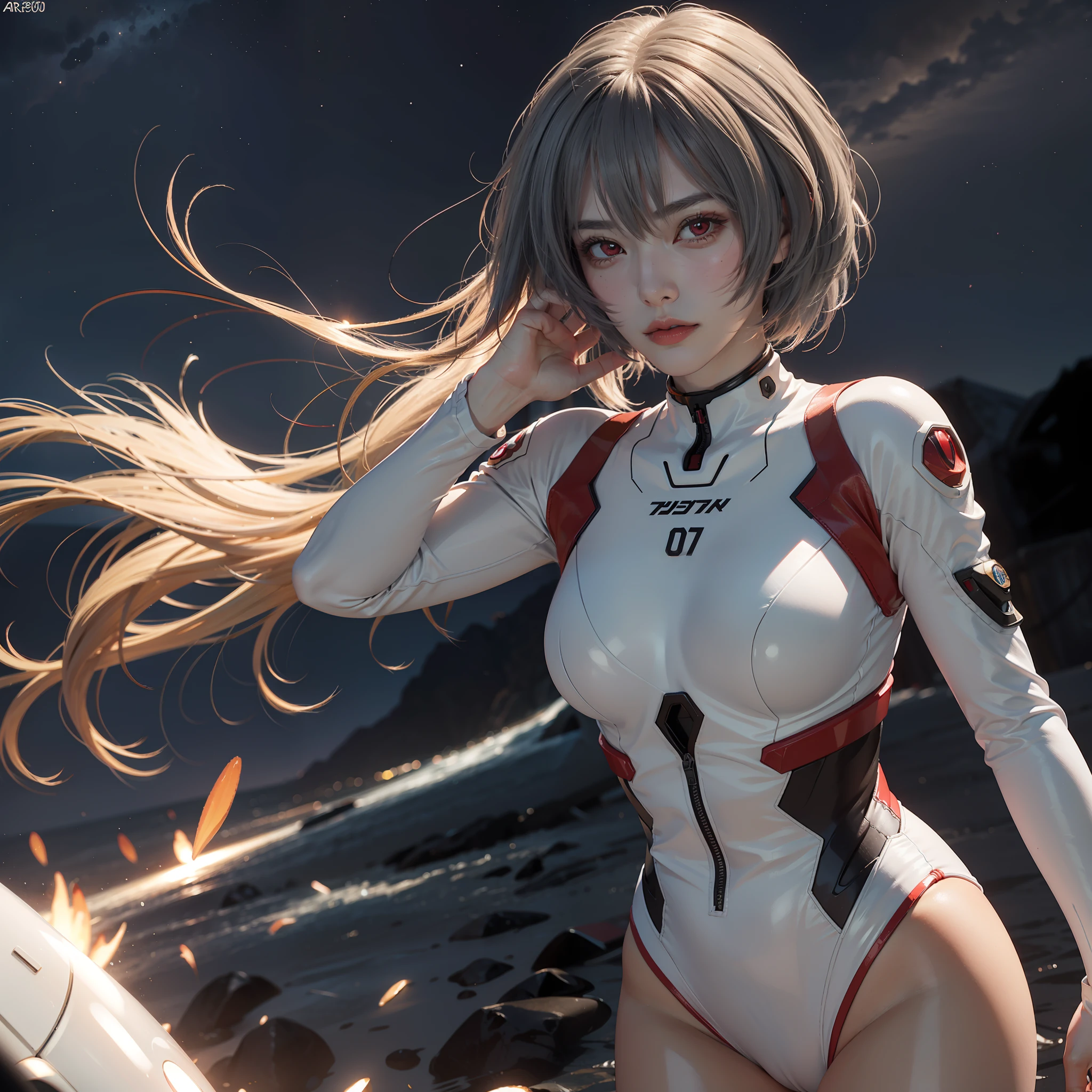 1girl, Ayanami Rei from Evangelion, dynamic pose, anime waifu( 20 - years - old) - hot - babe - flirty - bodylanguage, fit - thick - build, gorgeous perfect face, in the style of realistic and hyper - detailed renderings, kawaii, zbrush, hyper - realistic oil, contoured shading, stargazing--ar 1:2 --s 700 --style expressive --niji 5 --q 2 --s 750 --v 5