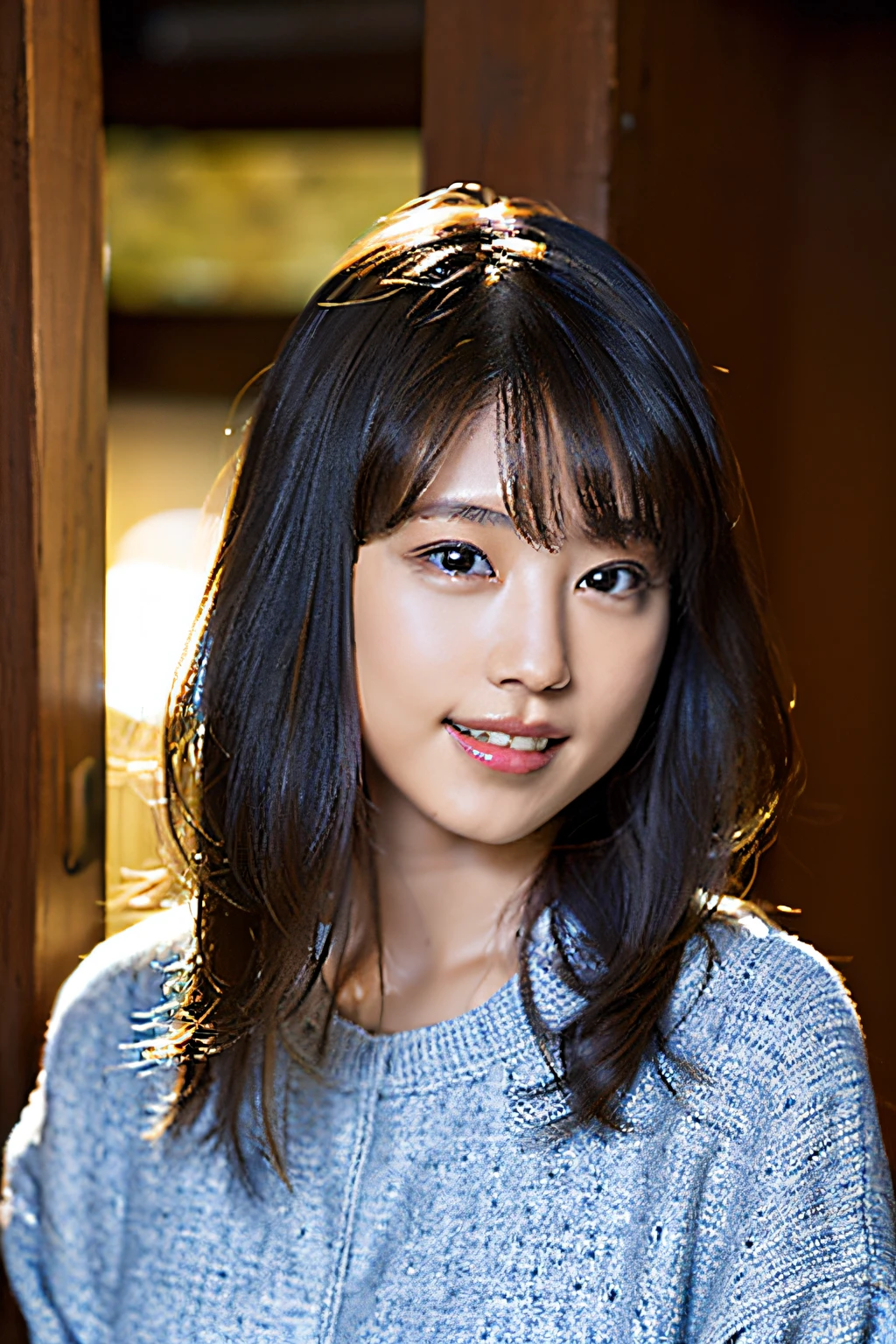 (8k, RAW photo, best quality, masterpiece:1.2), (realistic, photo-realistic:1.37), ultra-detailed, ultra high res,1 girl,looking at viewer,beautiful detailed face,smile,narrow,(slim waist:1.3),shirt, beautiful detailed skin, skin texture, floating hair,professional lighting,