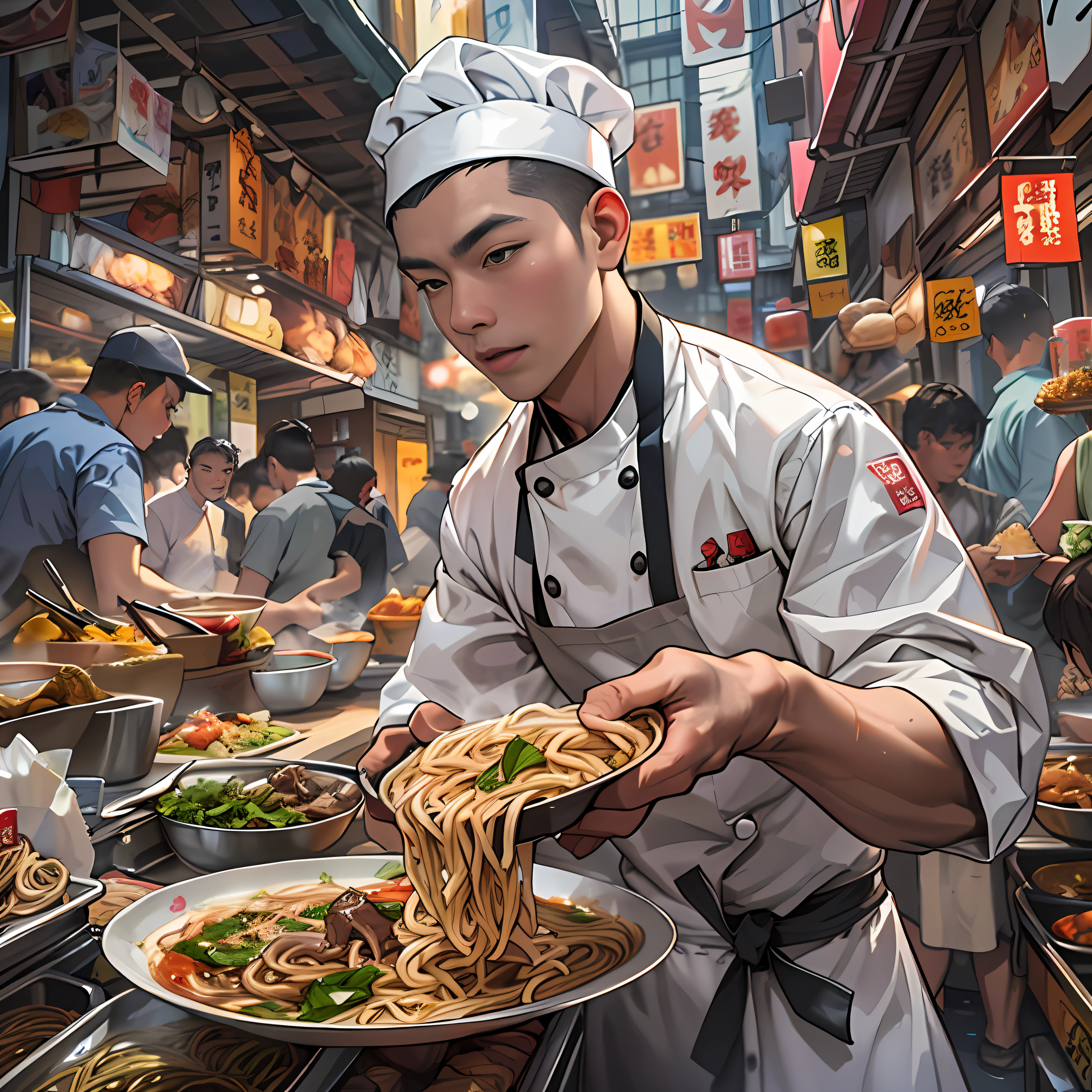A young and promising male chef holds a plate full of tempting beef noodles,The beef noodles exude a tempting aroma。It is surrounded by a lively snack street,People flock to buy food ,in the style of the stars art group xing xing, 32K, Best quality, Masterpiece, Super detail, High details,