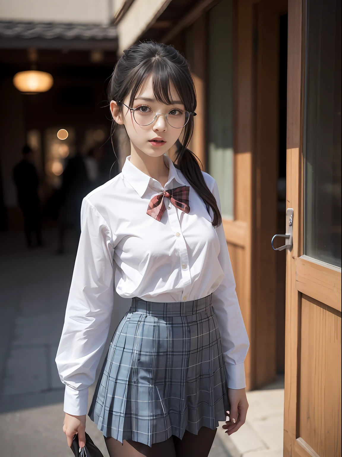 (8K、Raw photography、top-quality、masterpiece:1.2),Black pantyhose,absurderes,a small face,small tits,flat breast,Parting the bangs from the middle、Forehead visible,(Tight eyes,Bullish,skinny,Rasping,irate)、masterpiece,top-quality、超A high resolution,Raw photo,ren,Beautiful fece,One Person, 独奏,eye glass,,Dark look,Small breasts,fullllbody,Round glasses、cute little、A Japanese Lady,is standing,(Tight eyes,Bullish,skinny,Rasping,irate,small tits,flat breast)、(Photorealsitic:1.37)、Photon mapping,Light blue ribbon,Realistic、Cute little face,Brown-eyed、Black socks、(Red bow tie)、Radio City、Physically Based Rendering、Foreground、depth of fields、Blurry background、a picture,The girls、Body, Long legs, Thin leg,poneyTail,(Bangs are visible), hair, s lips, Blue_The eye, nosesoft,White shirt, Navy blue and white plaid pleated skirt, Knees are visible,Sheer clothing,, Thigh, Black cotton socks,Nogizaka Idol, 女優, Japanese ido