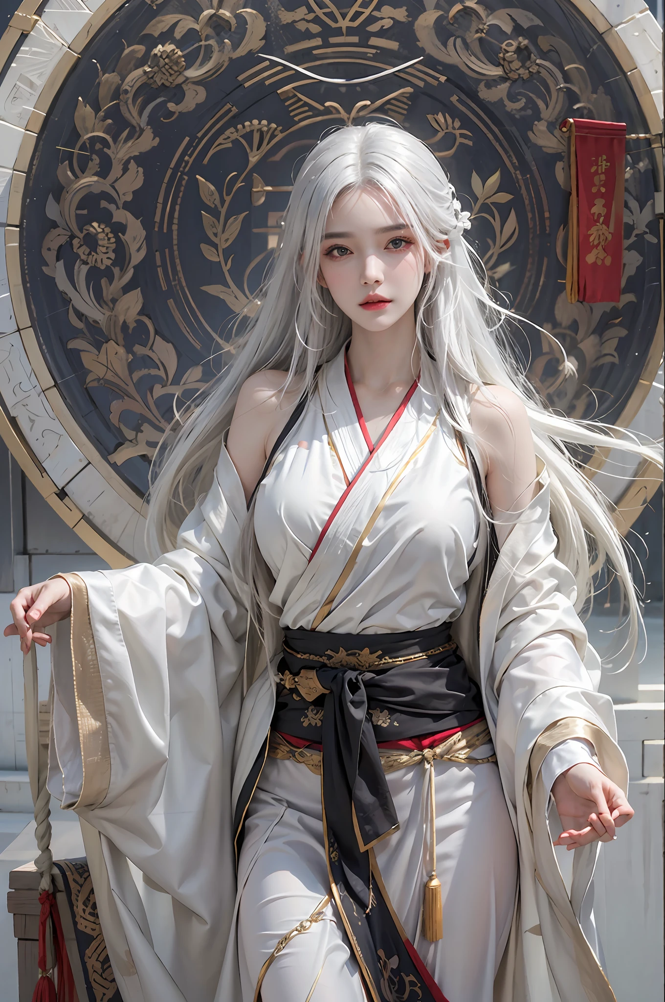 photorealistic, high resolution, 1women, solo, hips up, look at viewer, (detailed face), white hair, long hair, Taoist robe,oversized clothes