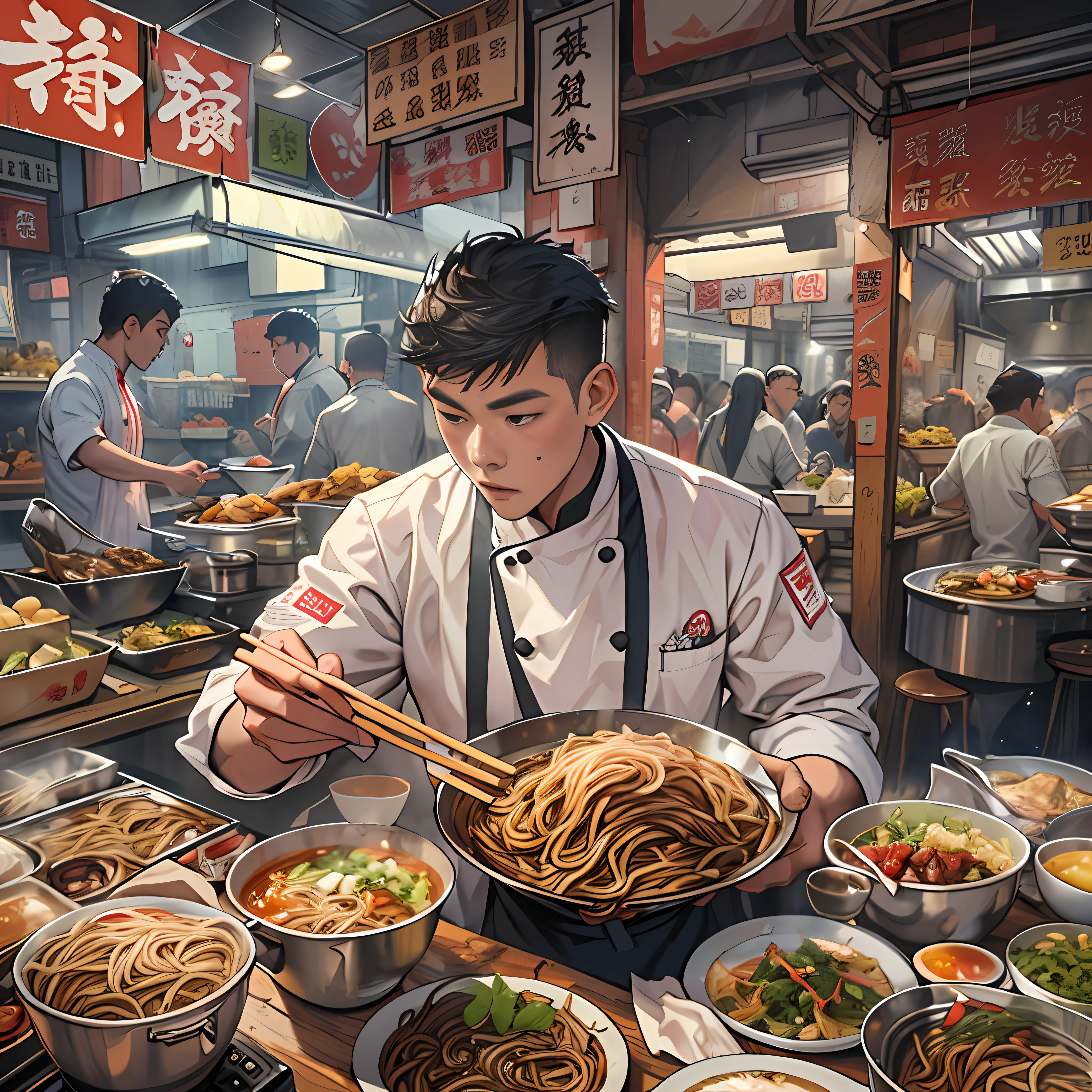 A young and promising male chef holds a plate full of tempting beef noodles,The beef noodles exude a tempting aroma。It is surrounded by a lively snack street,People flock to buy food ,in the style of the stars art group xing xing, 32K, Best quality, Masterpiece, Super detail, High details,
