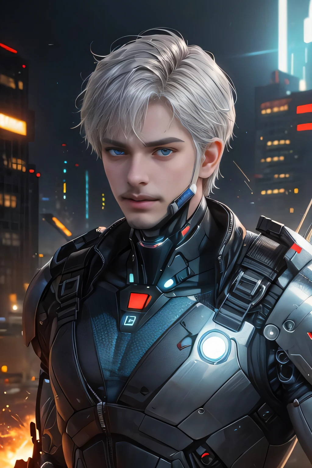 (Absurdres, Intricate Details, Masterpiece, Best Quality, High Resolution, 8k), 1 male, russian, mature, aged up, handsome, finely detailed eyes and face, silver short mustache hair, aquamarine eyes, portrait, looking at viewer, solo, (full body:0.6), detailed background, close up, detailed face, (cyberpunk theme:1.1), futuristic shining adamantium armor, crystalline pattern, modules, bionics, cybernetic implants, high-tech (mask:0.9), dynamic pose, epic spaceship in background, flashes of light, lasers, sparks, explosions, cinematic atmosphere, Depth of Field, VFX.