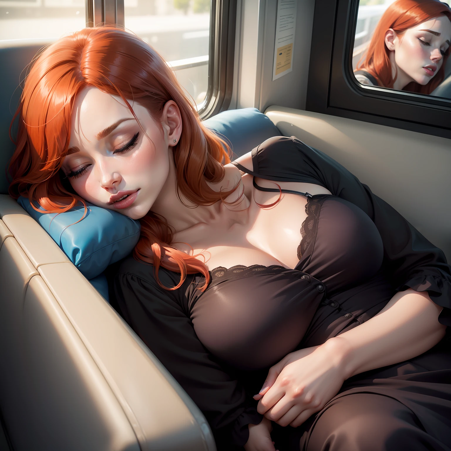 1 beautiful woman, big eyelashes, glossy lips, mouth drooling, asleep with her mouth open, snoring, asleep lying on the bus, her head resting on the seat, eyes closed, eyelids painted, made up, dressed as a secretary; Looks like actress Bryce Dallas Howard.