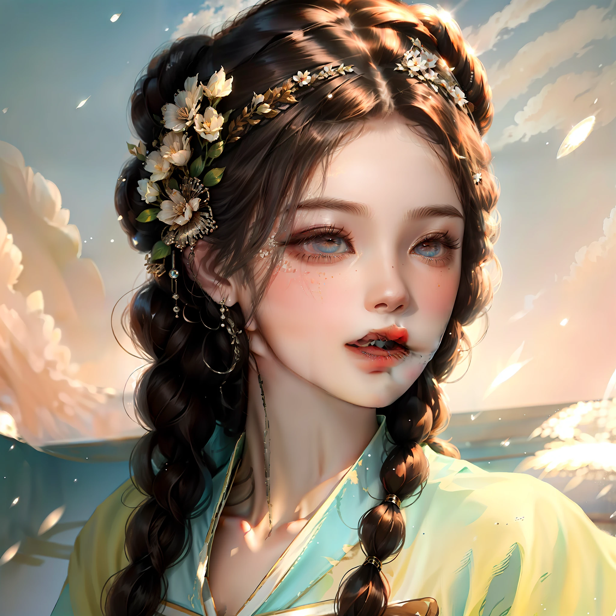 the bride,Watery eyes,Flower-shaped pupil,lipsticks,brunette color hair,Braided bun,hair-bun,Sunburst jewelry,Hanfu,are standing
