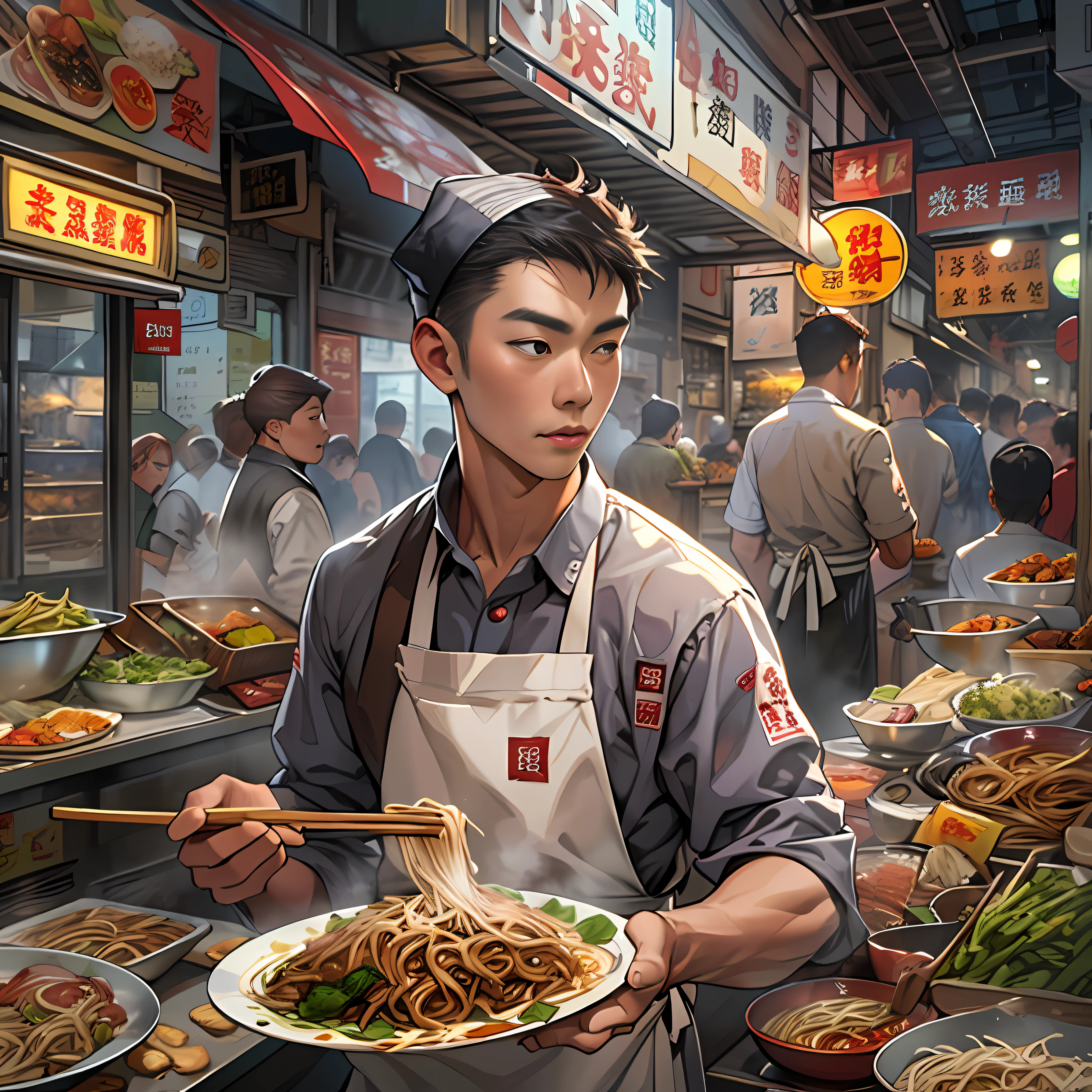 A young and promising male chef holds a plate full of tempting beef noodles,The beef noodles exude a tempting aroma。It is surrounded by a lively snack street,People flock to buy food ,in the style of the stars art group xing xing, 32K, Best quality, Masterpiece, Super detail, High details,