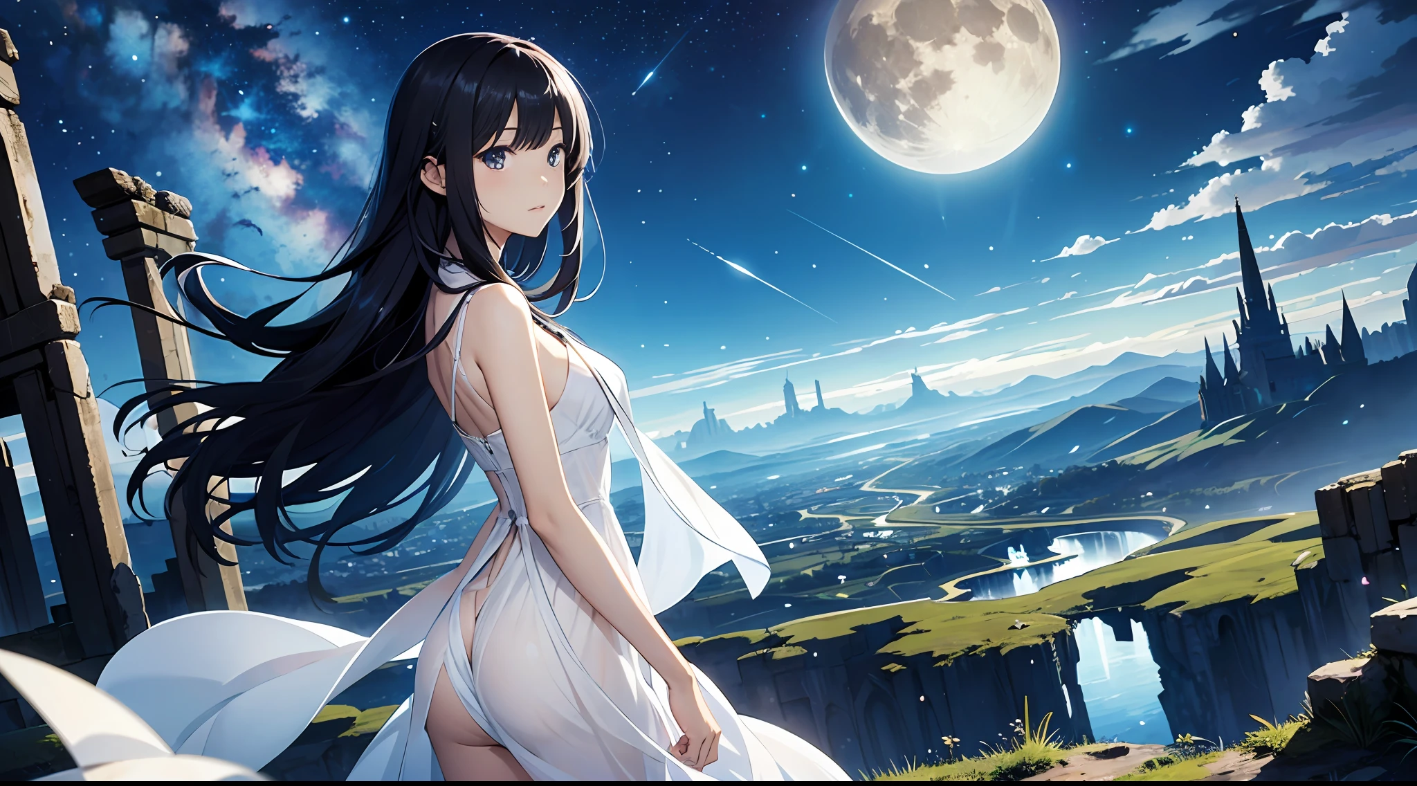 （​masterpiece、top-quality）perfect anime illustration、One girl in a mysterious atmosphere overlooking the lowlands from the top of a sheer cliff、Very cute face、shiny and long black hair、crystal clear white skin、Both feet are barefoot、She wears only one white dress that reaches her calf.、Blue phosphorescence surrounds her、In front of you, ruins stretch far and far away、The place is a fantastic and vast city ruins、The time is night and it is dark around the sky, but there are stars in the sky々And the big moon is shining brightly、A gentle breeze is blowing、No one else、Rear view、So that the whole body goes into the illustration