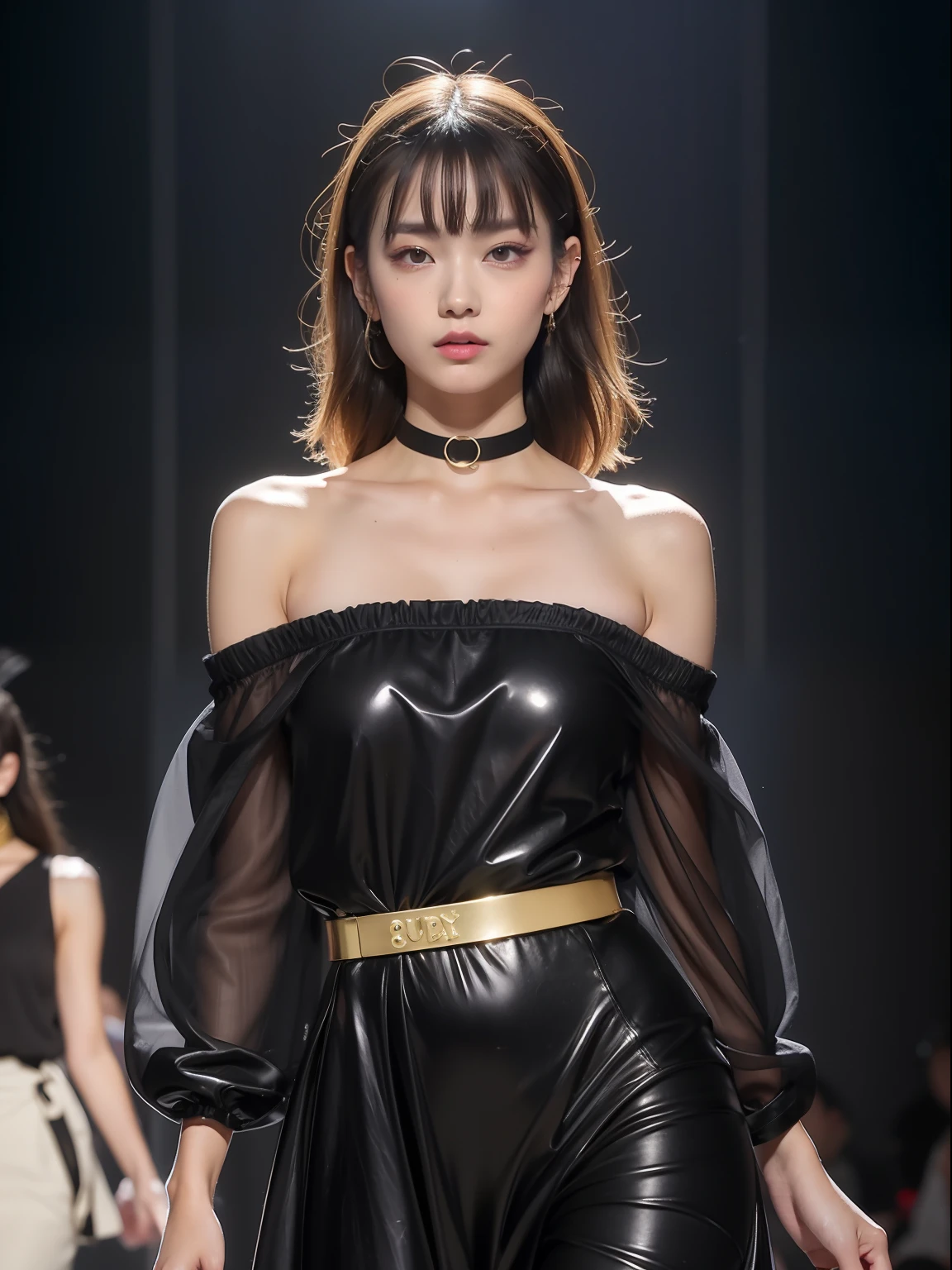 (Best quality, 8k, 32k, Masterpiece, UHD:1.2),Photo of Pretty Japanese woman, 1girl, (medium-short dark brown hair), double eyelid, fashion model, beautiful legs, unique maxi very wet yellow dress with slit, off-shoulder, gold belt, choker, stand tall, runway, huge stage, Paris Collection, nsfw, full body, see through,,
