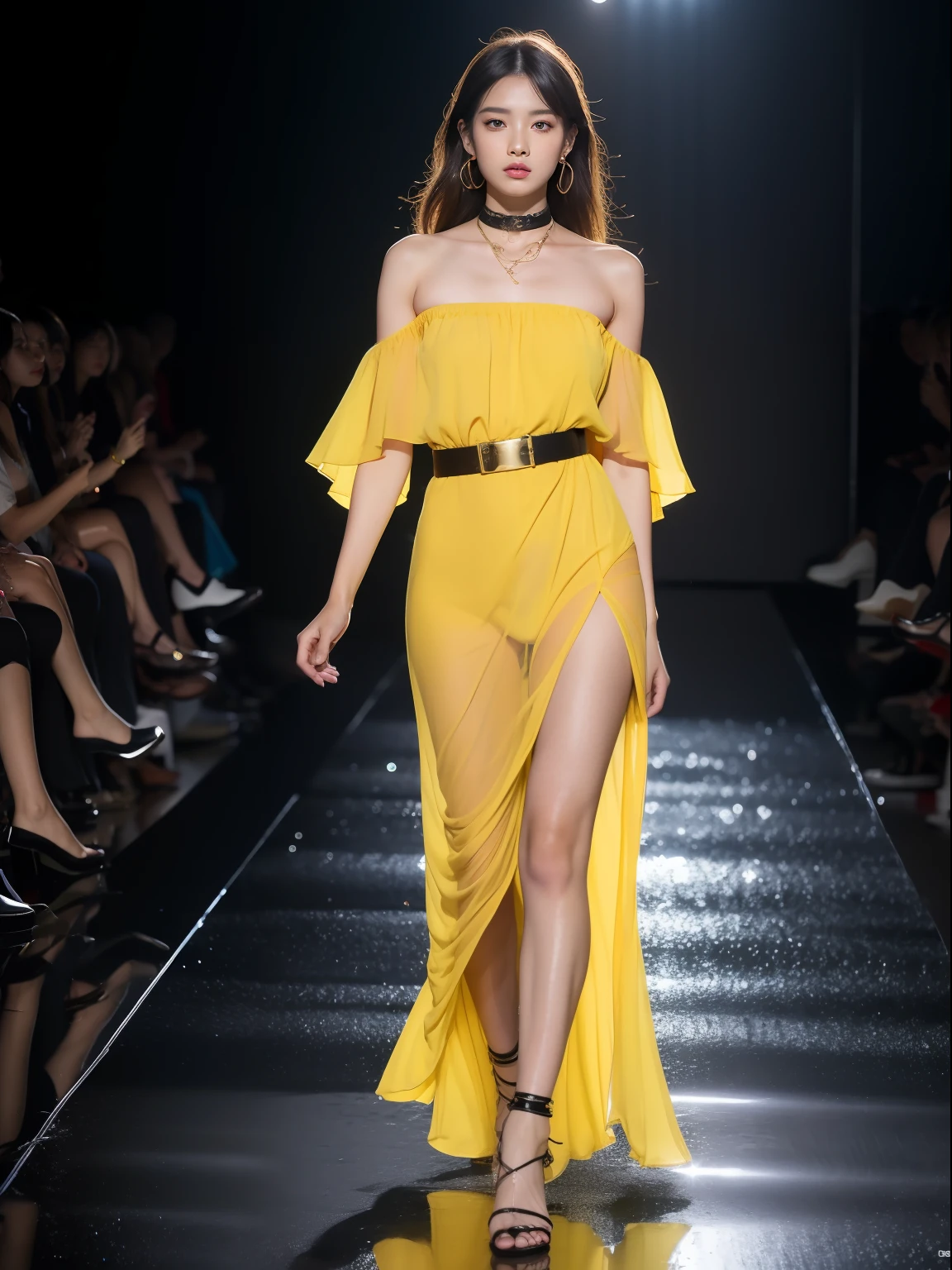 (Best quality, 8k, 32k, Masterpiece, UHD:1.2),Photo of Pretty Japanese woman, 1girl, (medium-short dark brown hair), double eyelid, fashion model, beautiful legs, unique maxi very wet yellow dress with slit, off-shoulder, gold belt, choker, stand tall, runway, huge stage, Paris Collection, nsfw, full body, see through,,