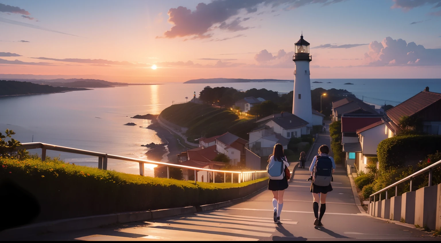 Evening glow,Sea view hill,lighthouse,High school girl on bicycle,Students on their way home,Sentimental,top-quality,ghibuli style