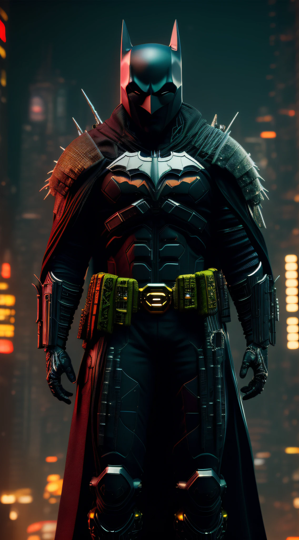 octane render de cyberpunk batman por Tsutomu nihei, Seda cromada com intrincado filiegree dourado tecido ornamentado, fundo misterioso escuro --v 4 --q 2