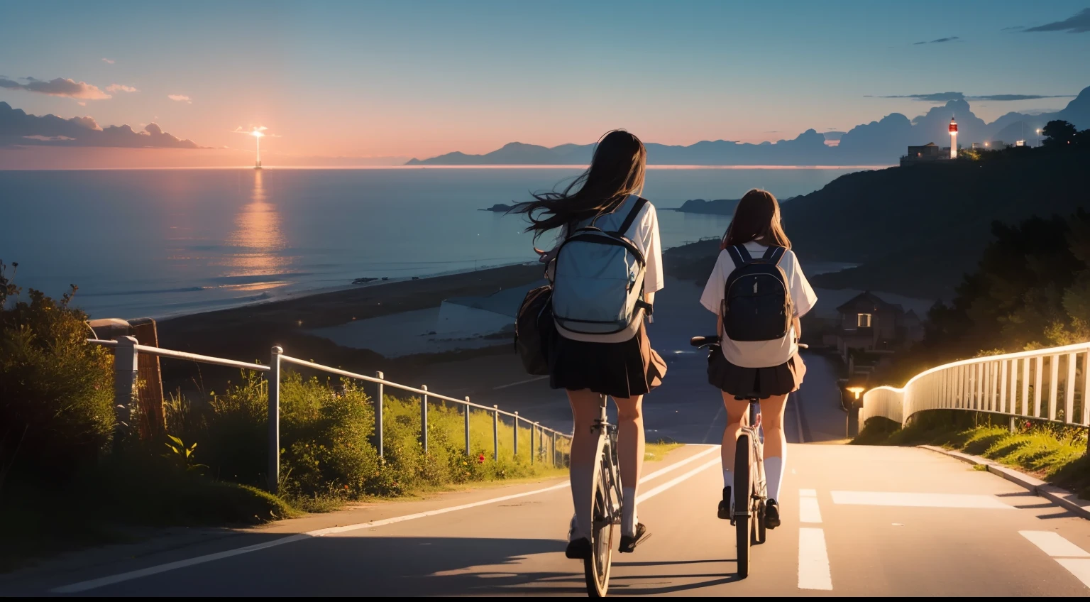 Evening glow,Sea view hill,lighthouse,High school girl on bicycle,Students on their way home,Sentimental,top-quality,ghibuli style