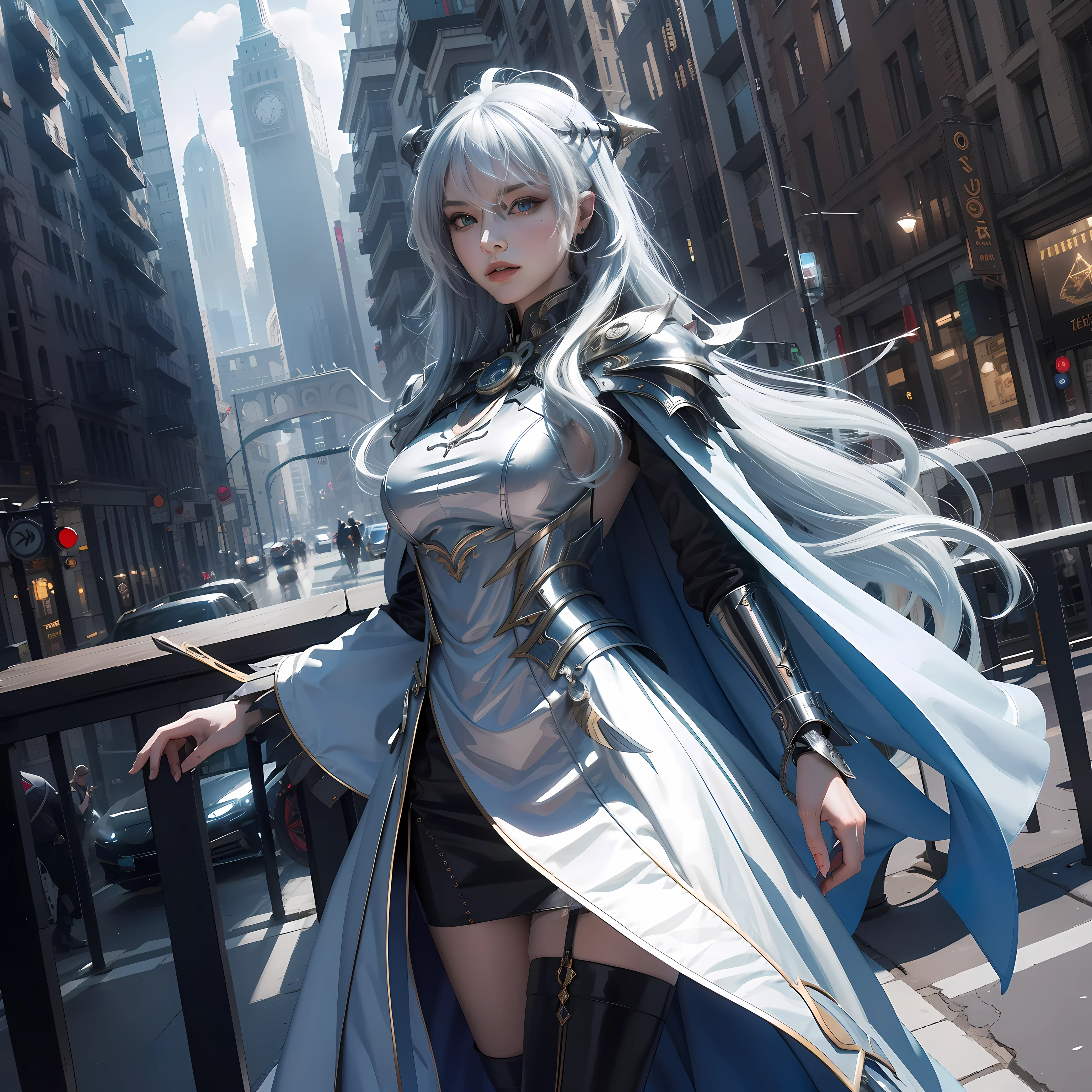 fish eye, Masterpiece, Top quality, Best quality, offcial art, Beautiful and aesthetic，A detailed，8K quality, 1girll，Magic cloak，Slim body bank，long  white hair, Beautiful face，High value，shadowy，shift dresses，In the city，goddes，Mechanical punk style，stocklings