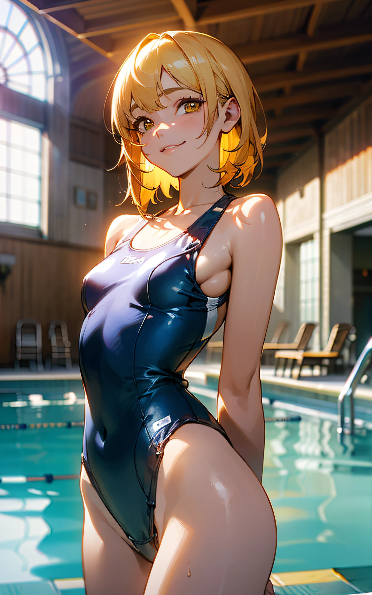 (Unity 16K Wallpaper, Masterpiece, Best Quality, Ultra-Detailed, Extremely Detailed CG, Caustics, Cinematic Lighting, Detailed, Beautiful Detailed Eyes, solo, vivid image quality, brighten the subject, pool side),Ultra High Resolution, fine skin、sexy, (curby), nsfw,(white school swimsuit:1.3), small breasts, smile, cowboyshot, yellow hair, yellow eyes, face up,