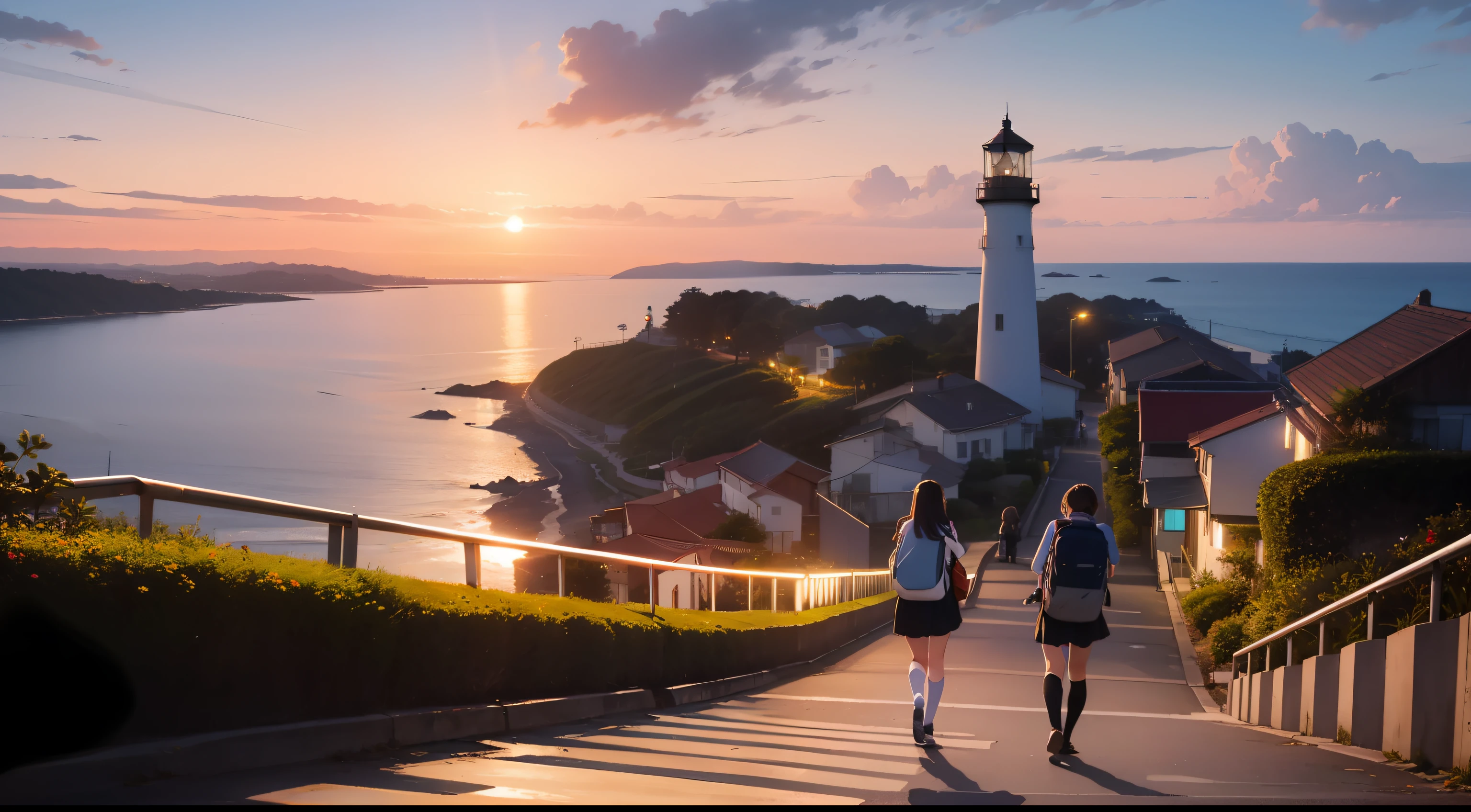 Evening glow,Sea view hill,lighthouse,High school girl on bicycle,Students on their way home,Sentimental,top-quality,ghibuli style