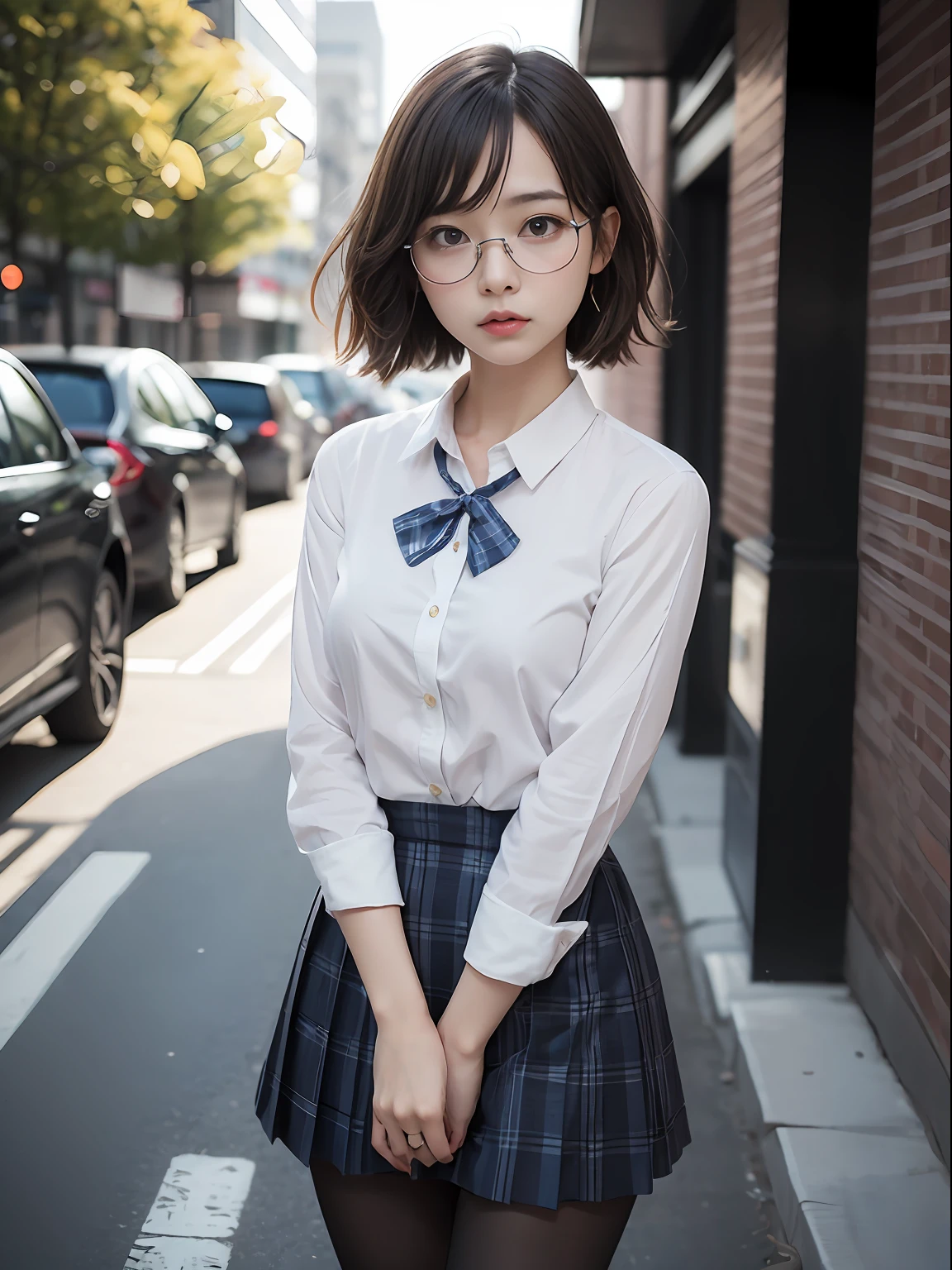(8K、Raw photography、top-quality、masterpiece:1.2),Black pantyhose,absurderes,a small face,small tits,flat breast,Parting the bangs from the middle、Forehead visible,(Tight eyes,Bullish,skinny,Rasping,irate)、masterpiece,top-quality、超A high resolution,Raw photo,ren,Beautiful fece,One Person, 独奏,eye glass,,Dark look,Small breasts,fullllbody,Round glasses、cute little、A Japanese Lady,is standing,(Tight eyes,Bullish,skinny,Rasping,irate,small tits,flat breast)、(Photorealsitic:1.37)、Photon mapping,Light blue ribbon,Realistic、Cute little face,Brown-eyed、Black socks、(Red bow tie)、Radio City、Physically Based Rendering、Foreground、depth of fields、Blurry background、a picture,The girls、Body, Long legs, Thin leg,poneyTail,(Bangs are visible), hair, s lips, Blue_The eye, nosesoft,White shirt, Navy blue and white plaid pleated skirt, Knees are visible,Sheer clothing,, Thigh, Black cotton socks,Nogizaka Idol, 女優, Japanese ido