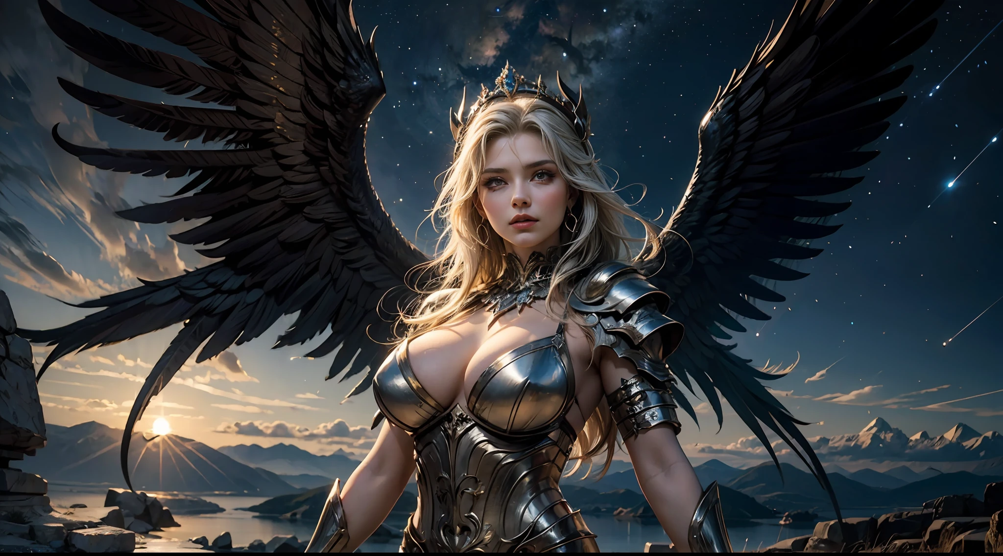 Winged Greek goddess of wrath and punishment, Nimimis, silber hair, In long Greek Toga, Cool beauty, Large breasts,Looks stern and ruthless, Fly with wings in the starry sky, chies, solemn atmosphere, Description of the Ultrra precise pointer, Photorealistic, Super detail, Masterpiece, Best quality, A high resolution, 8K,Armour,Huge cross