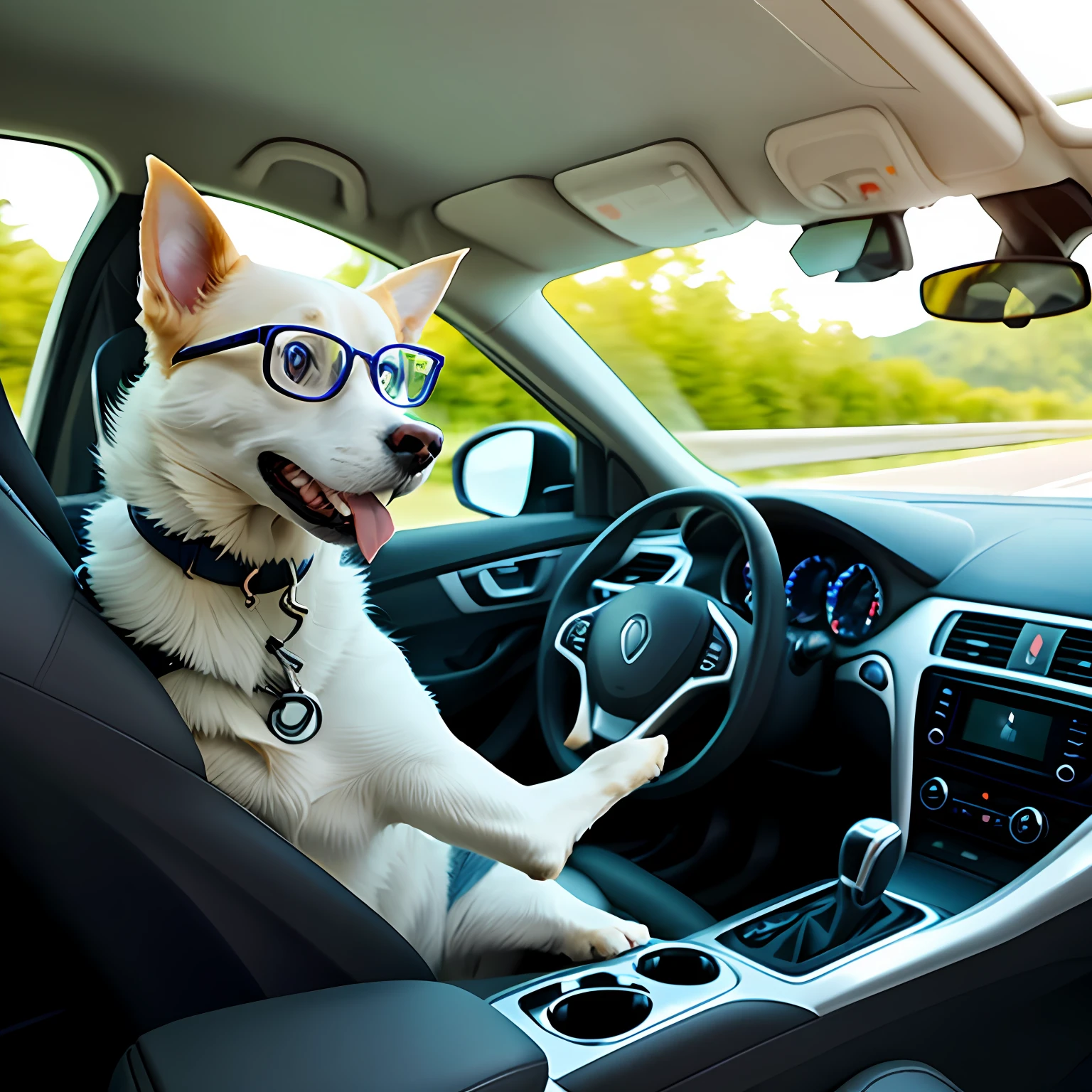 Dog with glasses driving a car