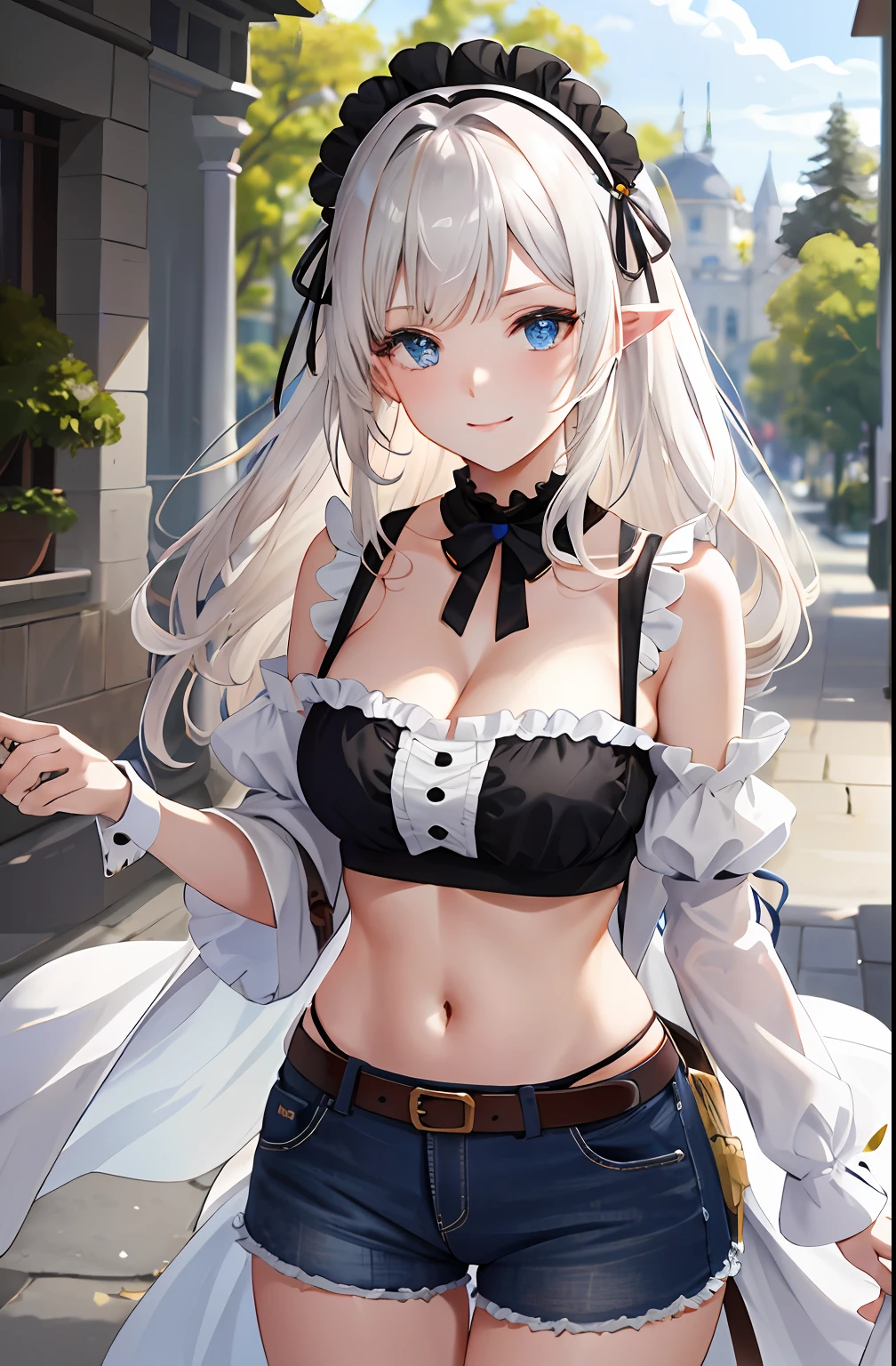 Lazy wind，wide blue eyes，White hair，Dull hair，Beast-eared maiden，White tones，sitted，1girll，Solo，adolable，white dresses，Big hazy eyes，Facial details are exquisite，Beth，onbed，Impeccable，Cute pose，Plush cat's paw gloves，Shy laugh，The complexion is reddish，（multipel Girls），（Gorgeous dress with many gorgeous and colorful decorations） BREAK shoujo manga style，（Lori huge breasts cleavage），Soft line drawing，Digital Enhancement，Shoujo manga touch，environment change scene，The core of shoujo manga，（Hair length to shoulders））），（（（short braids））），Ancient capital of the West，Whole body visible angle， tangled，Beautiful and beautiful：1.5，high high quality：1.3 ridiculous, (Best quality), (Masterpiece),(Ultra-detailed:1.2),(A high resolution),elaborate, baroque, Wide shot, dreamlike landscapes,1girll, Solo, side-lighting, Psaren, Blonde hair, Blunt bangs, Hair Bow, hair adornments, mitts, edgAsianc, wearing edgAsianc, Sunglasses and necklaces, Crop top, Denim shorts, dreamlike landscapes, oases[::1], Candid model shooting style, (fcPortrait:0.8), Blush, Smile, cheerfulness,Half realistic，4K，RTX，Shaders，Blonde hair, Braid, Curly hair, Messy hair, Long hair, maid headdress, ribbon, Lonely, Anime style, Motion blur, 4K