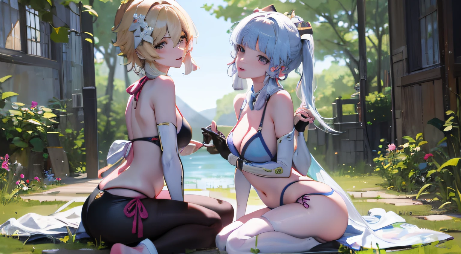full entire body, (2 Girls 1.4), (1st person using Lumine Genshin Impact | Lora 1200 characters), (The 2nd person uses lora2 Kamisato Ayaka Genshin Impact | Lora Character 1506)Two women were sitting on the floor and one was holding a knife in hand..........................................................................., One woman carries another woman..........................................................................., Sit with your wrists together..........................................................................., Two beautiful girls in love, Two women..........................................................................., Lesbian Art, Homosexual girl groups, Handshake, vector art illustration, flat illustration, Flat shading illustration, Lie down with your wrists together..........................................................................., two girls, lesbian, Embrace Lesbians,(2:Girls together............................................................................), (NSTDA.:1.2), (10, beste-Qualit, master-piece: 1.4), ultra-high resolution, (lifelike, photorealistic portrait: 1.48), 25 years old, Cute Girl, (See through the bikini beetle), Famous Japanese actors, beautiful clear eyes, G Cup Big Breasts, long ponytail, Head tilt., cowboy shot, from the side, looking at the audience, expressionless, Beautiful lake, Zeiss 150mm F/ 2.8 Hasselblad, Around the lake there are high mountains surrounded by striped mountains.............................................................................., Whole body, foot, Ultra-Wide Angle, The backyard is a beautiful sea................................................................................................................................ ,