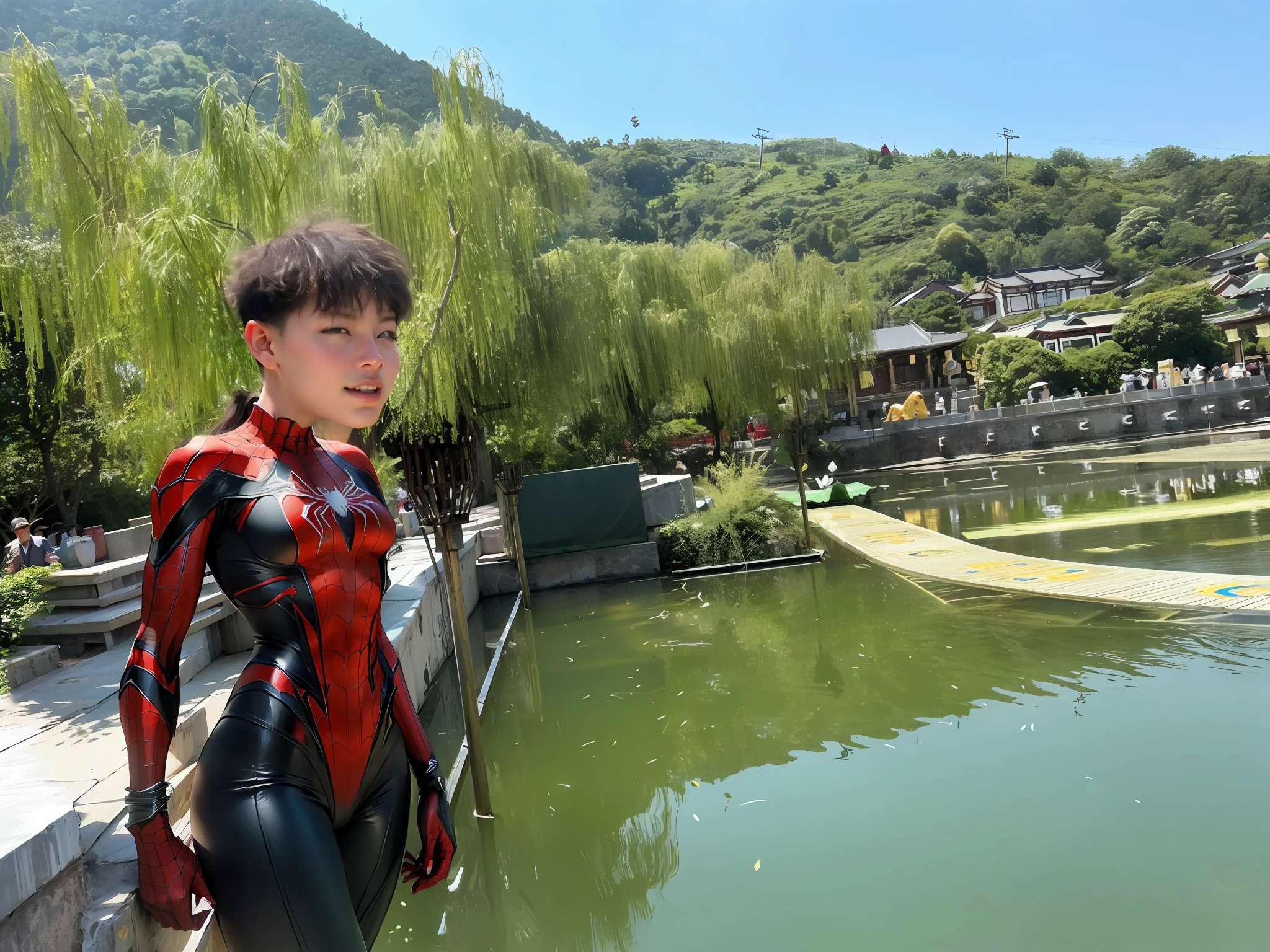Beautiful woman detailed defined body using spider man cosplay, small breasts