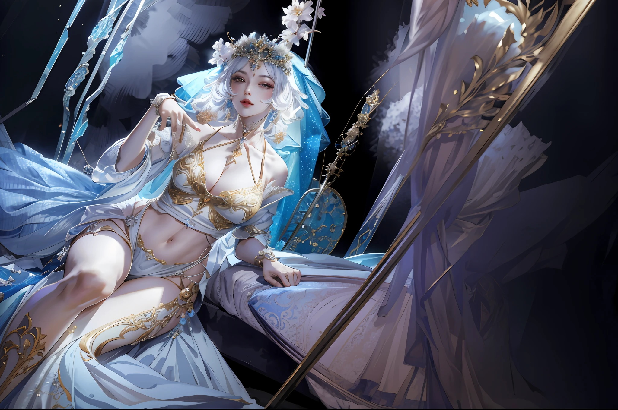 offcial art，Extremely detailed，there is a woman in a costume sitting on a bed, Gorgeous Role Play, glamourous cosplay,  elegant glamourous cosplay, From Lineage 2, ((a beautiful fantasy empress)), Anime goddess, ahegao,  extremely detailed goddess shot, cosplay, fantasy photoshoot, WLOP and Sakimichan, cosplay foto,sakura flowers falling，