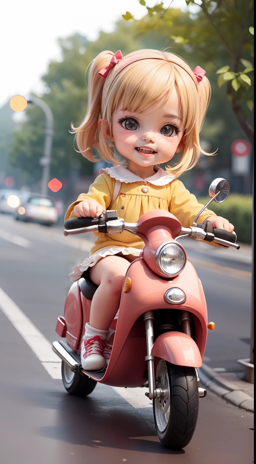 Cute  s，cheerfulness，Step on the scooter，Glide on the road